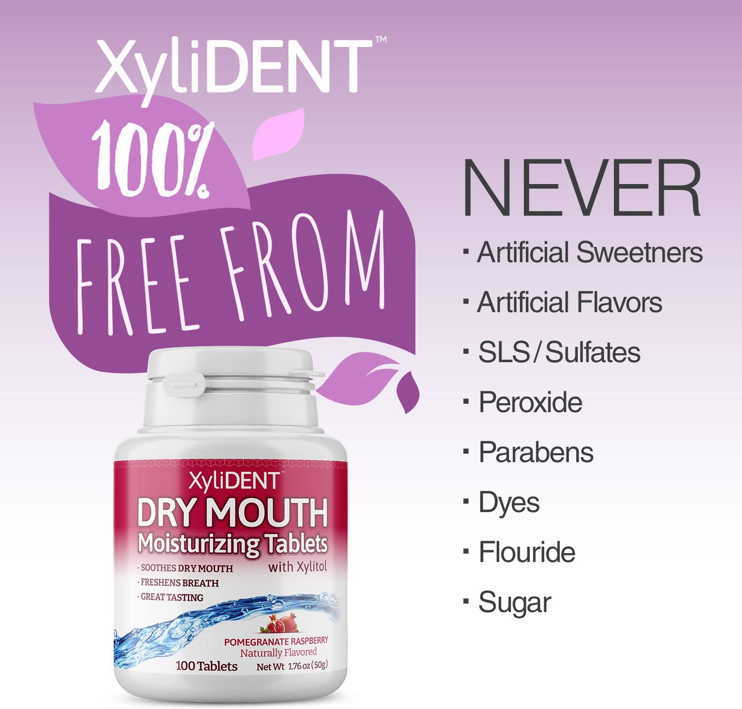 Xylident Xylitol Tablets for Dry Mouth Relief - Stimulates Saliva, Freshens Breath, Reduces Acid Production, Fast Acting Extended Relief, 100 Count image number 1