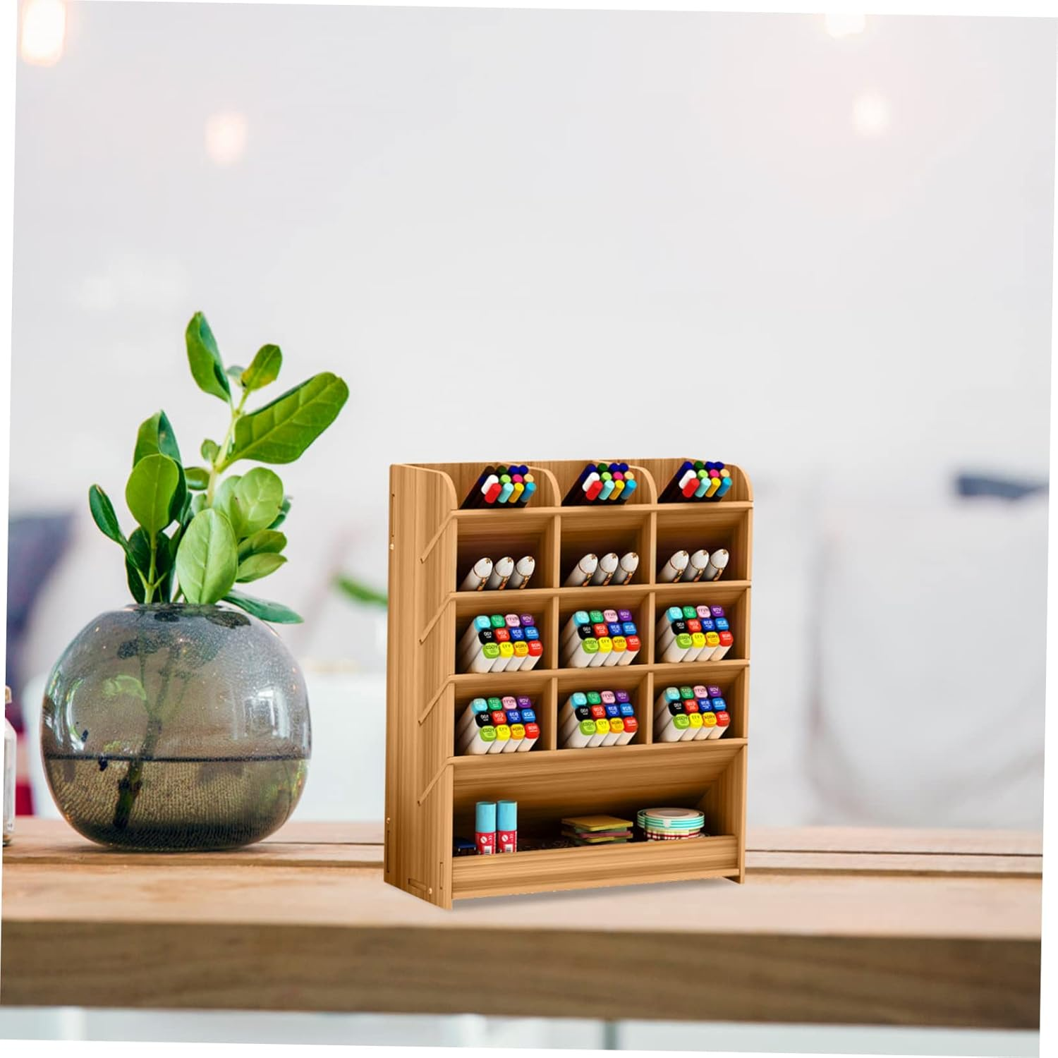 COHEALI Creative Pen Holder Storage Box Wooden Pen Case Multi-Grid Design for Desktop Pencil Box Organization in Office Home Study Large Capacity for Easy Access and Accessories image number 2