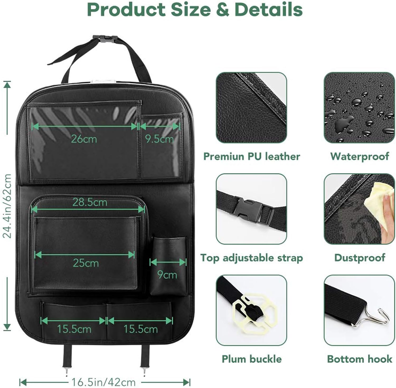 Car Back Seat Organizer with Tray, PU Leathr Backseat Table Holder Storage Bag for Kids Travel Trip, Universal Foldable Seat Back Kick Mat Playmat Stand for Toys, Book, Food, Ipad, Tissue,Etc image number 1