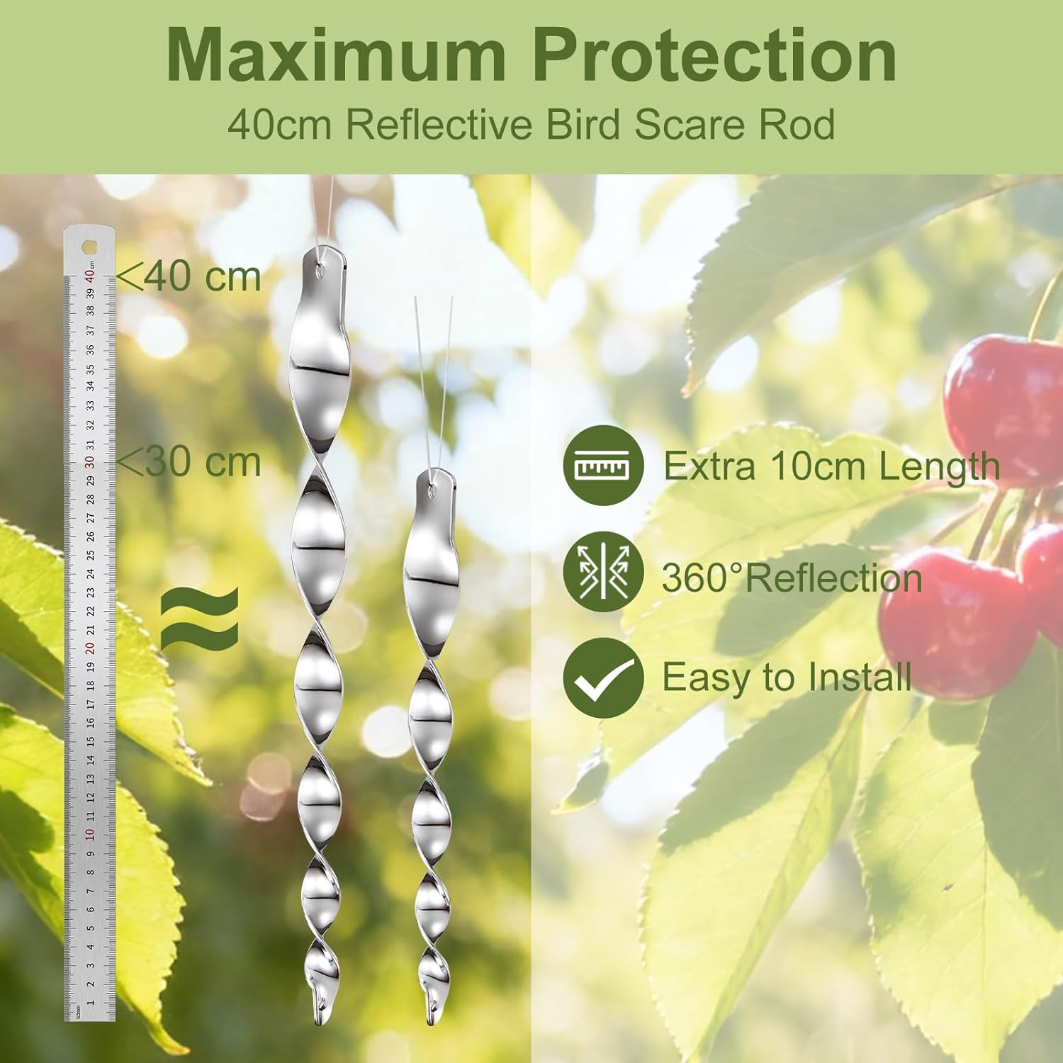 OFFO Large Bird Deterrent Scarer Rods, 40Cm(15.7 Inches) Reflective Bird Repellent Device Outdoor Bird Scarer to Keep Pigeon and Woodpecker Away from Garden or Yard, 10 Pcs,Silver image number 3