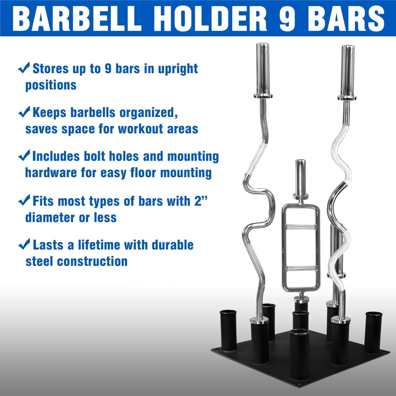 Yes4All Barbell Holder Vertical Storage Rack, Home Gym Organizer, Barbell Storage Rack Fit 2-Inch Olympic Bars, Curl Bars, Triceps Bars, Dumbbell Handles. image number 3