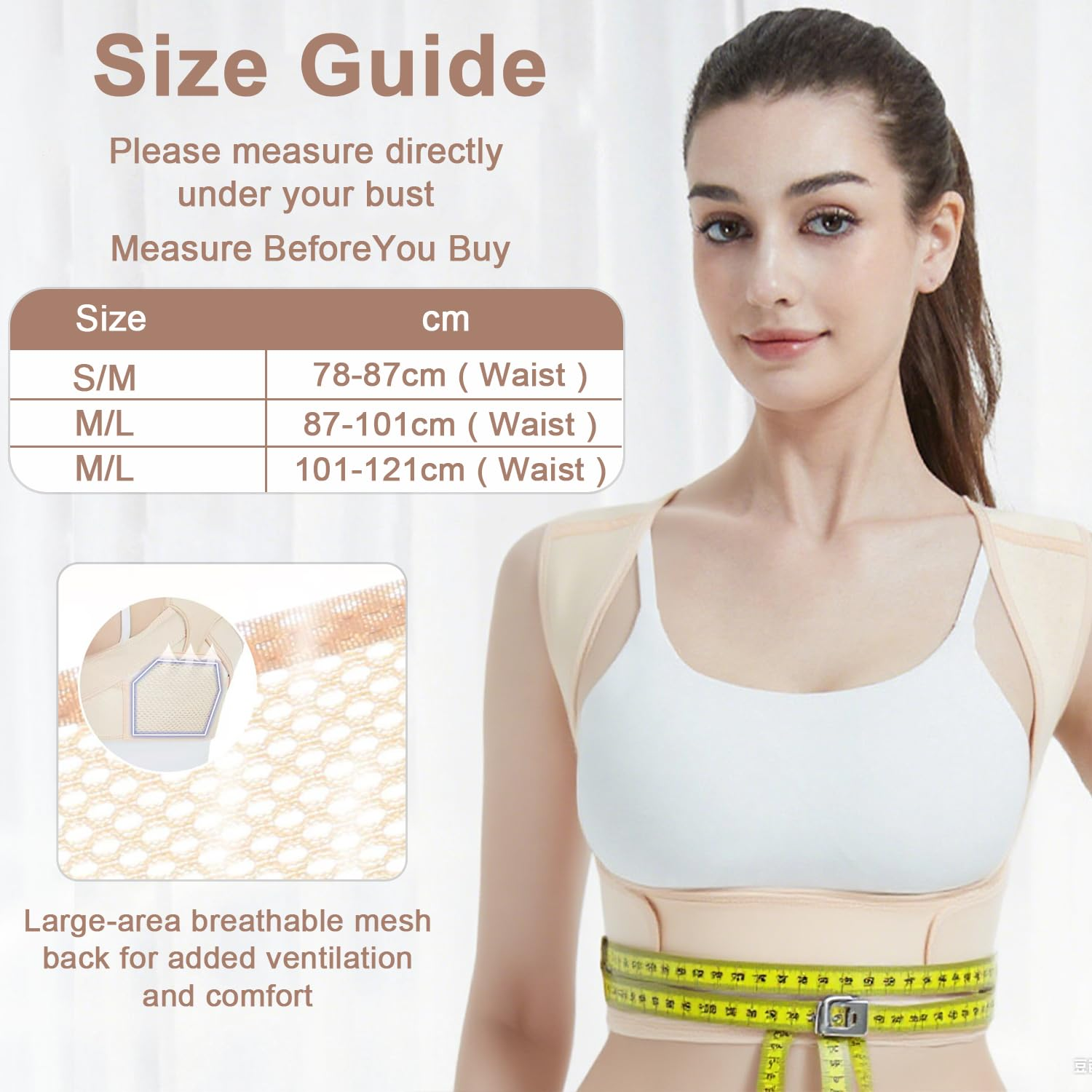 Posture Corrector for Women & Men &ndash; Adjustable Back Brace for Shoulder Support, Pain Relief & Posture Improvement &ndash; Breathable Design for Sitting, Work, Daily Use (Beige, S/M(Waist 78-87Cm)) image number 4