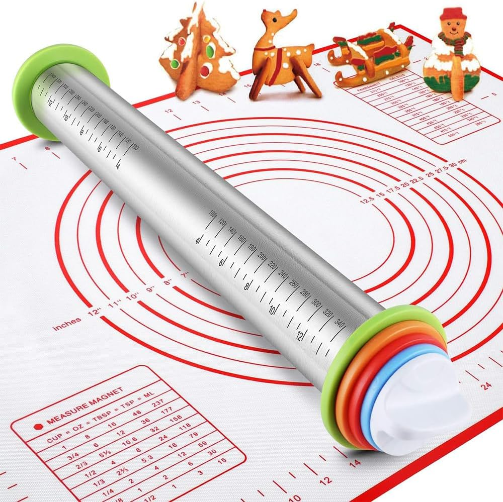 Rolling Pin and Baking Mat Set, Adjustable Stainless Steel Rolling Pins Dough Roller Cake Leveler with 4 Removable Adjustable Thickness Rings for Baking Dough Pizza Pie Pasta Fondant and Cookies image number 1