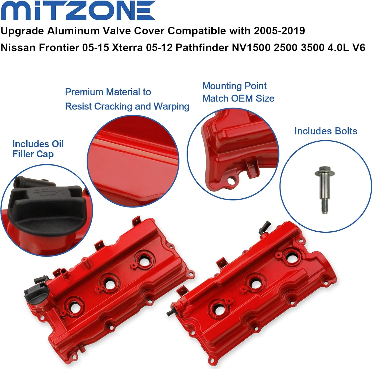 MITZONE Upgrade Aluminum Valve Cover Compatible with 2005-2019 Nissan Frontier 05-15 Xterra 05-12 Pathfinder NV1500 2500 3500 4.0L V6 Replacement # 13264-EA210, 13264-EA200 Red image number 5