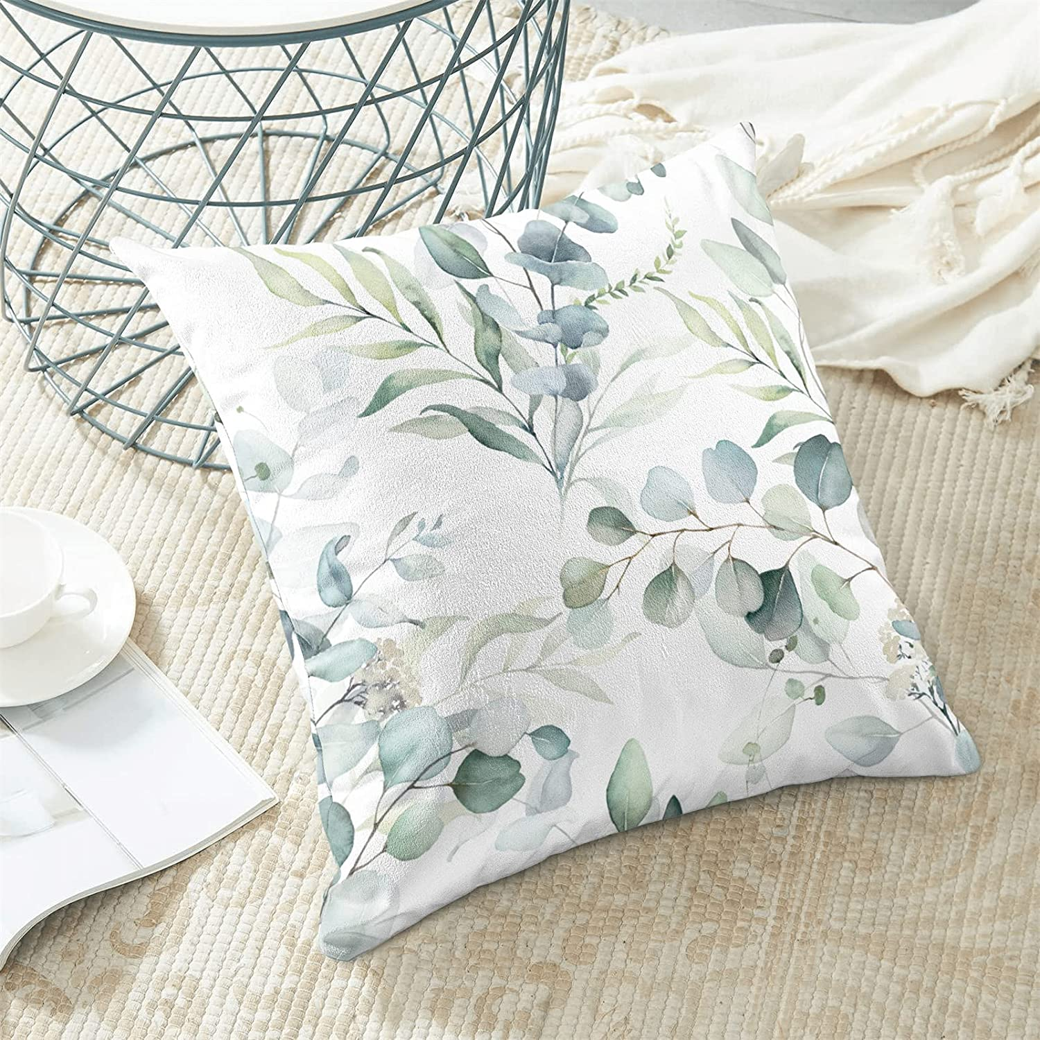 AEIOAE Spring Sage Green Pillow Covers 16X16 Inch Set of 2,Watercolor Eucalyptus Floral Throw Pillows Case,Seafoam Leaves Print Square Cushion Outdoor Leaf Decor for Home Sofa Bed (ZHH121001) image number 3