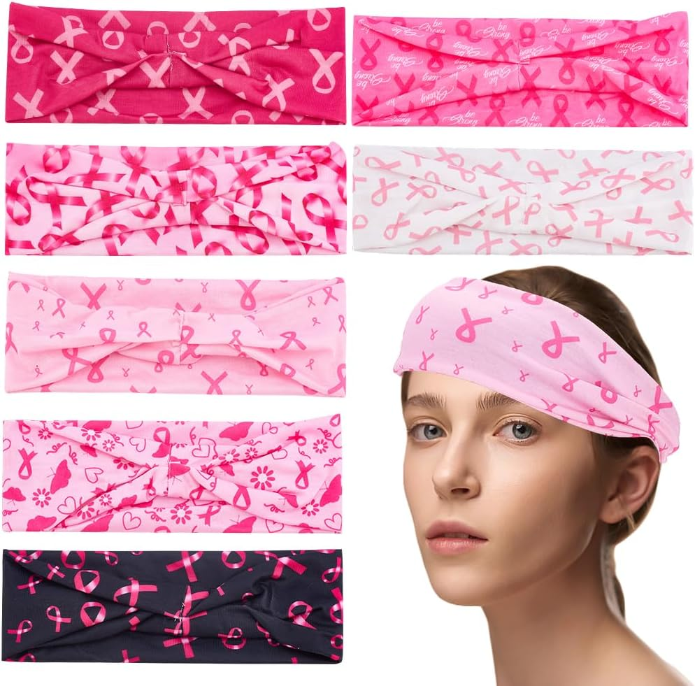 WEBEEDY 7 Styles Breast Cancer Awareness Headbands Pink Ribbon Headbands for Women Hair Bands with Wide Elastic Band to Support Breast Cancer Prevention during Yoga and Running image number 2