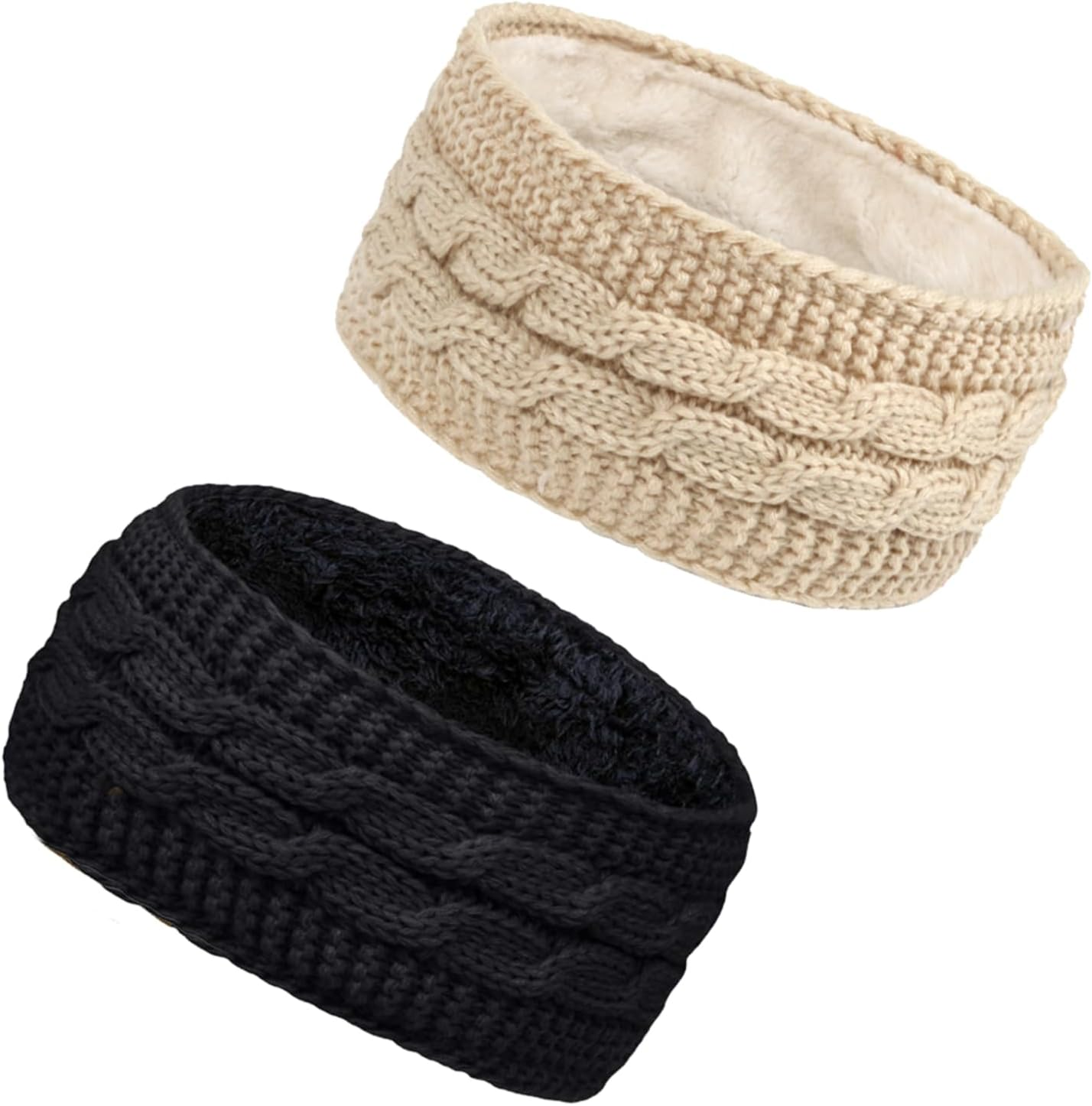 Pack of 2 Winter Headband for Women, Elastic Knitted Hair Band, Girls Thick Warm Headbands, Ear Warmers, Headband, Thermal Headband (Black, Beige) image number 3
