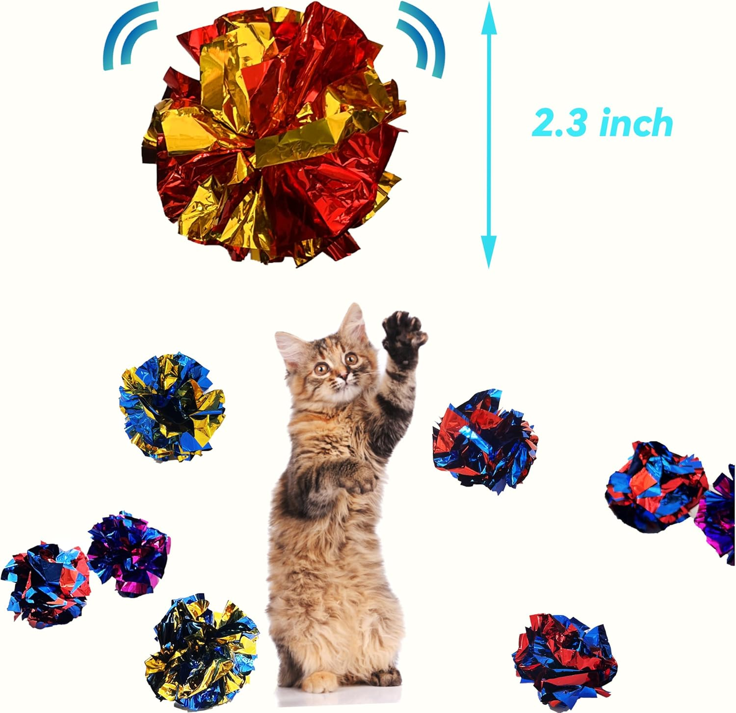 QUVOVID Cat Crinkle Ball Toys for Indoor Cats to Kill Time and Keep Fit, 2.3 Inch Colorful Mylar Crinkle Balls Attract Cats to Swat, Bite, Hunt, Interactive Toys for Cats and Kittens 10 Packs image number 3