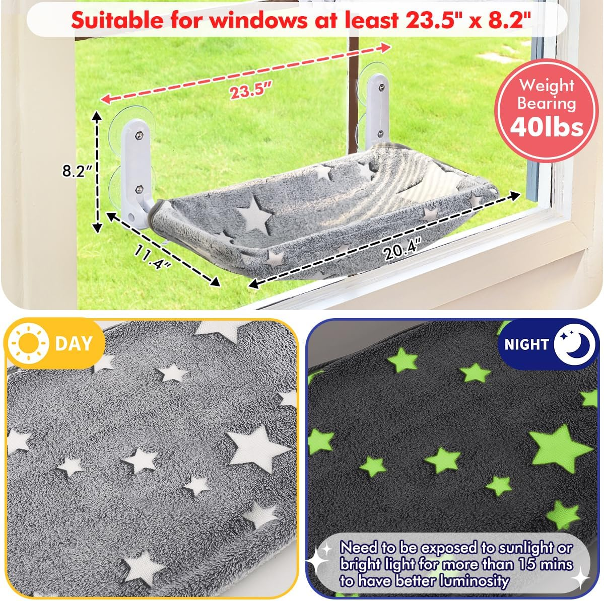 2PC Cat Window Perch, Glow in the Dark Cordless Foldable Pet Hammock Bed for Window with Sturdy Metal Frame, Glowing Stars Pattern Resting Seat for Indoor Cats (2PC Stars - M) image number 2
