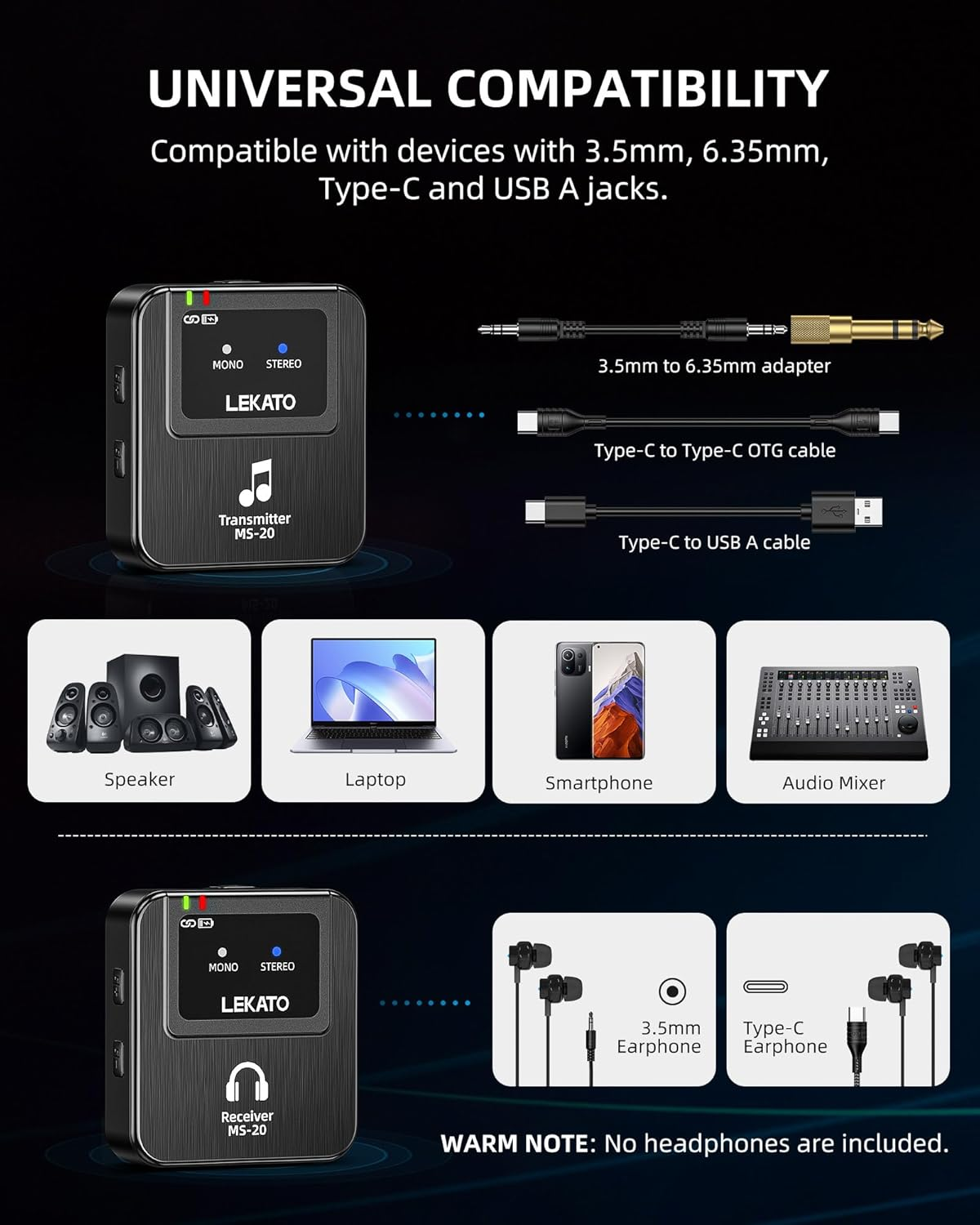 LEKATO Wireless In-Ear Monitor MS-20, 2.4G IEM System Low Latency, with Beltpack Transmitter Auto-Pairing Receiver, OTG Support, One to More, In-Ear Monitoring for Live Performance Singer Band Starter image number 3