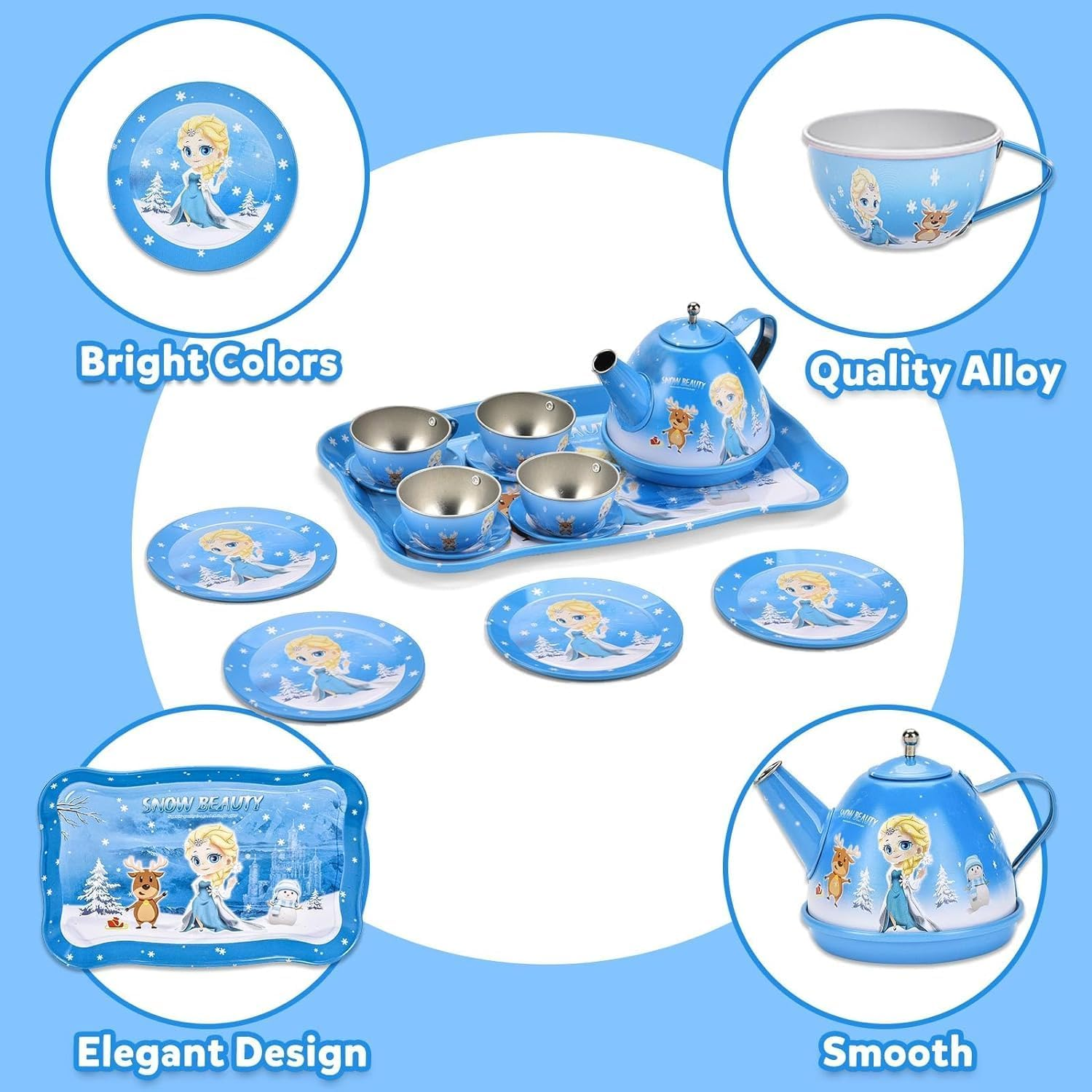MINNOT Tea Party Set for Little Girls - Frozen Toys for Girls - Elsa Princess 46 Pack Kids Kitchen Pretend Toy with Tin Tea Set, Desserts & Carrying Case - Birthday Gift for Age 3 4 5 6 Year Olds