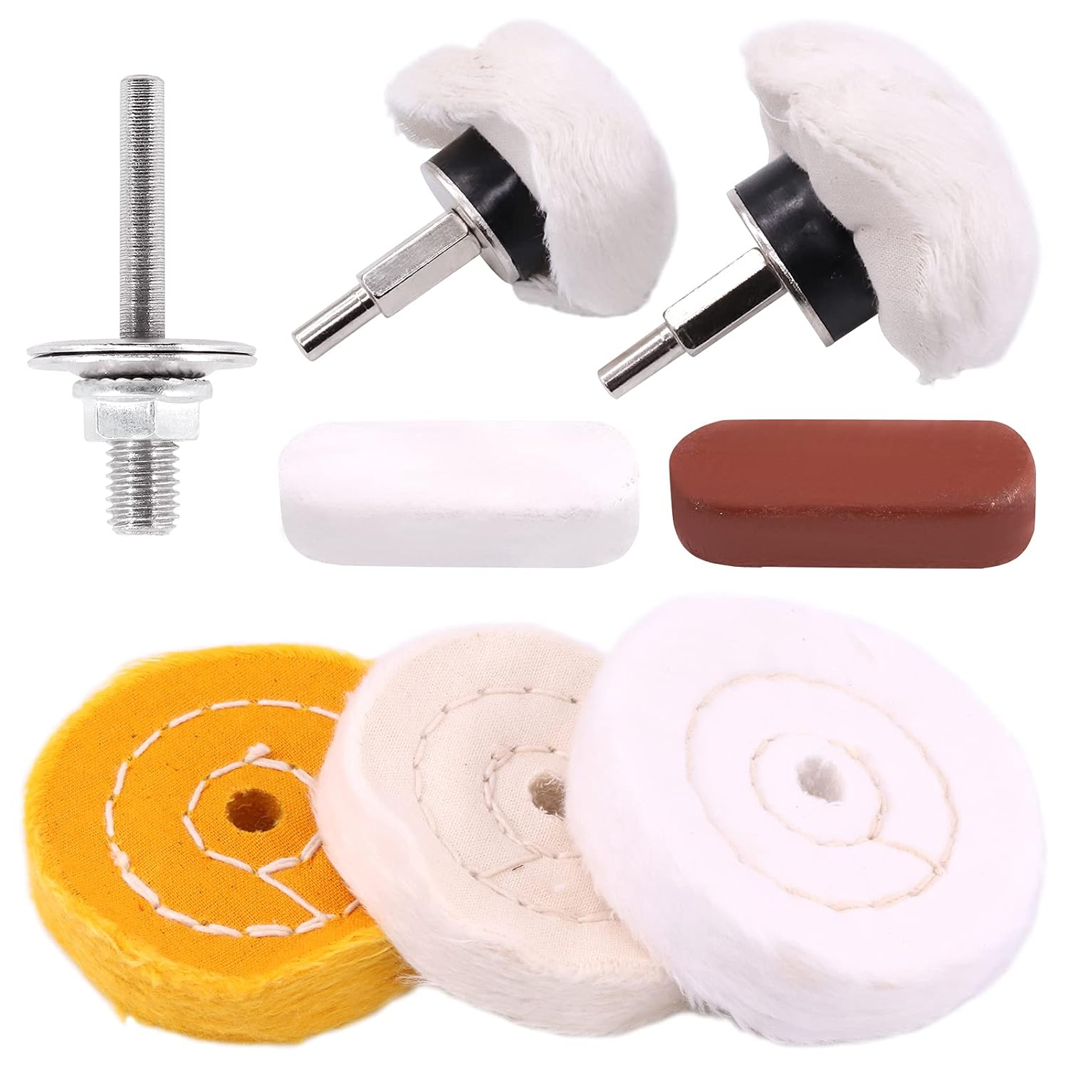Mardatt 8 Pcs 3'' Buffing Polishing Wheels Set Including Yellow (36 Ply)/White(50 Ply)/ Flannel(30 Ply)/Mushroom Shaped Wheel with 3/8" Arbor Hole, Polish Compound and 1/4&rsquo;&rsquo; Mandrel for Drill image number 1