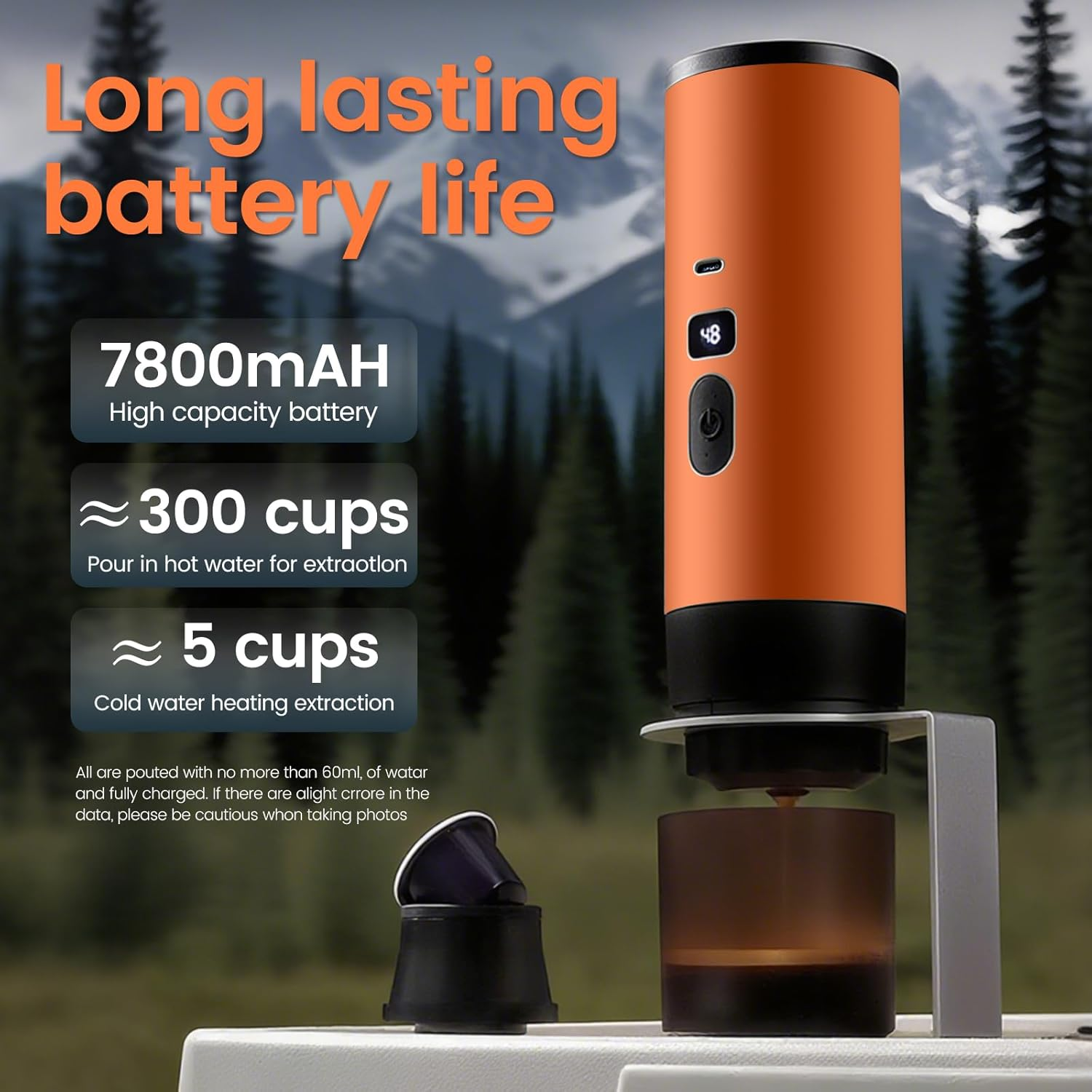 Portable Espresso Machine,Usb Rechargeable Cordless Travel Coffee Maker,20Bar Self Heating Espresso Coffee Machine,Compatible with NS Capsules & Ground Coffee for Camping, Hiking, Office (Orange) - Gray image number 4