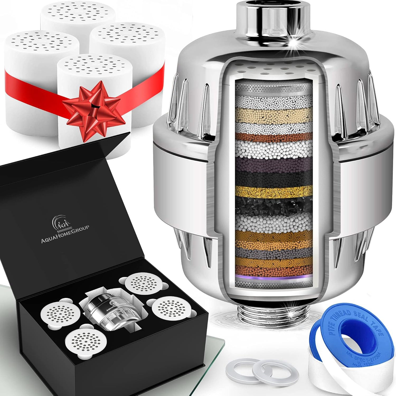 Aquahomegroup Shower Head Water Filter - 20 Stage - 5 Replacement Cartridges - Hard Water Softener - Chlorine & Fluoride Remover - Vitamin C & E - Soft Water Filtered - Purifying Softening Aqua