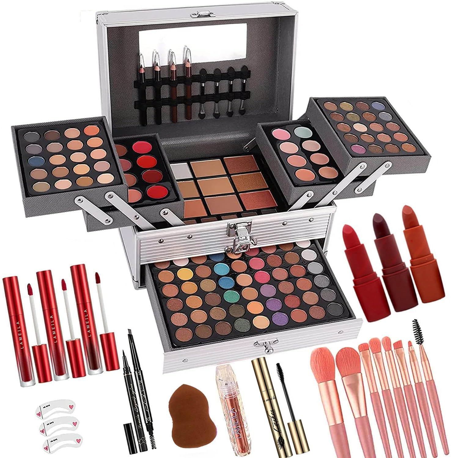 UNIFULL 132 Color All- In- One Makeup for Women Full Kit,Professional Makeup Kit,Makeup Gift Set for Women,Girls&Teens,Include Eyeshadow/Lipstick/Concealer/Lip Gloss/Eyeliner/Mascara（006N2-Silver） image number 5