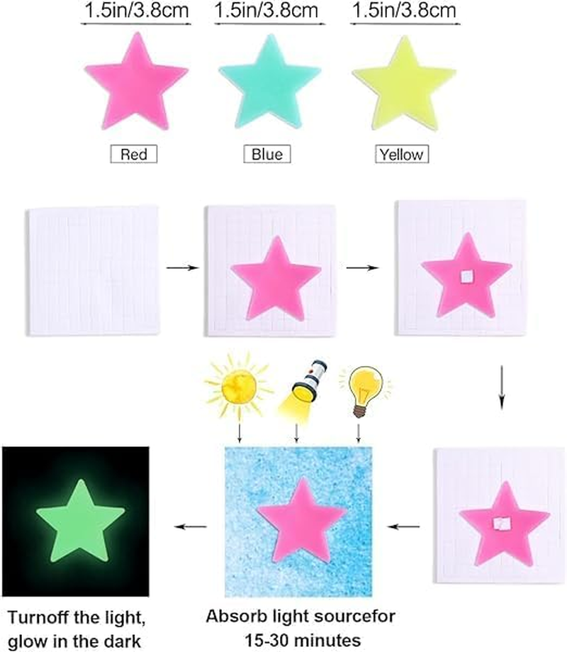 100 Pcs Colorful Glow in the Dark Luminous Stars Fluorescent Noctilucent Plastic Wall Stickers Murals Decals for Home Art Decor Ceiling Wall Decorate Kids Babys Bedroom Room Decorations
