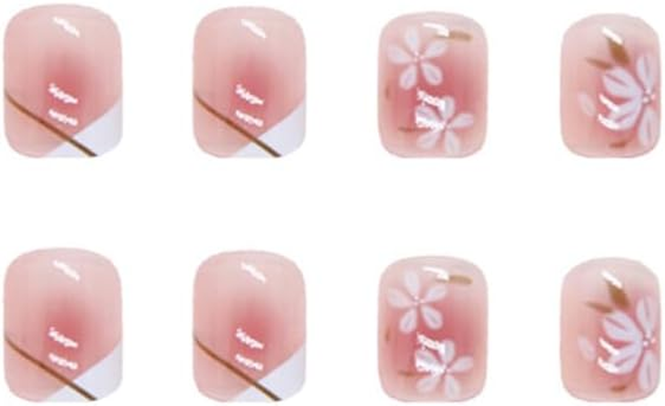 SINLOV False Nails Medium Length Square Pink Flower French False Nails Shiny Full Cover Press on Nails for Women Girls image number 4