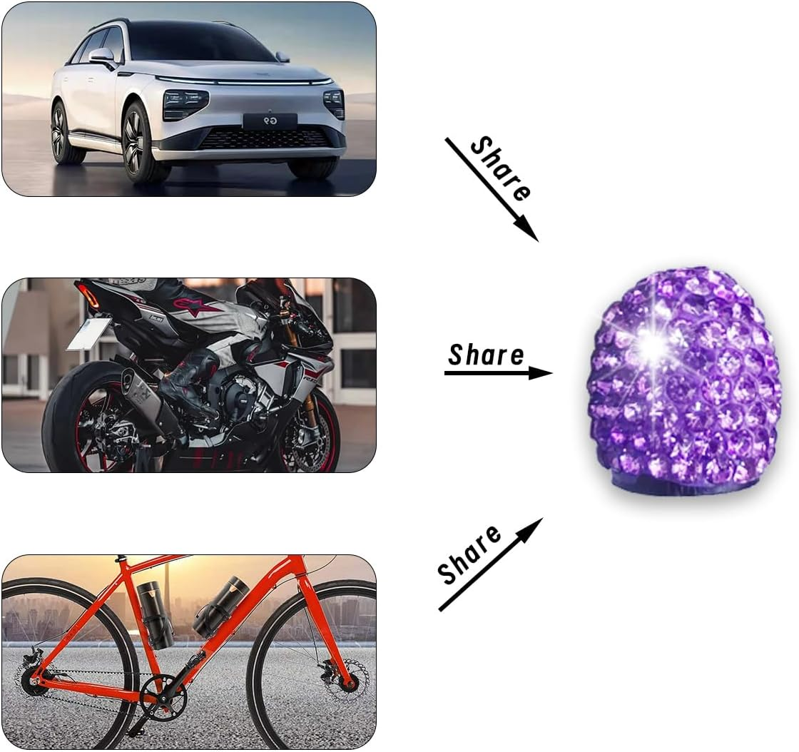 4Pack Car Crystal Rhinestone Tire Valve Caps, Handmade Car Tire Valve Stem Caps, Attractive Dustproof Bling Car Accessories, Universal for Cars, Suvs, Bike, Trucks, Motorcycles (Purple) - Ab Color image number 6