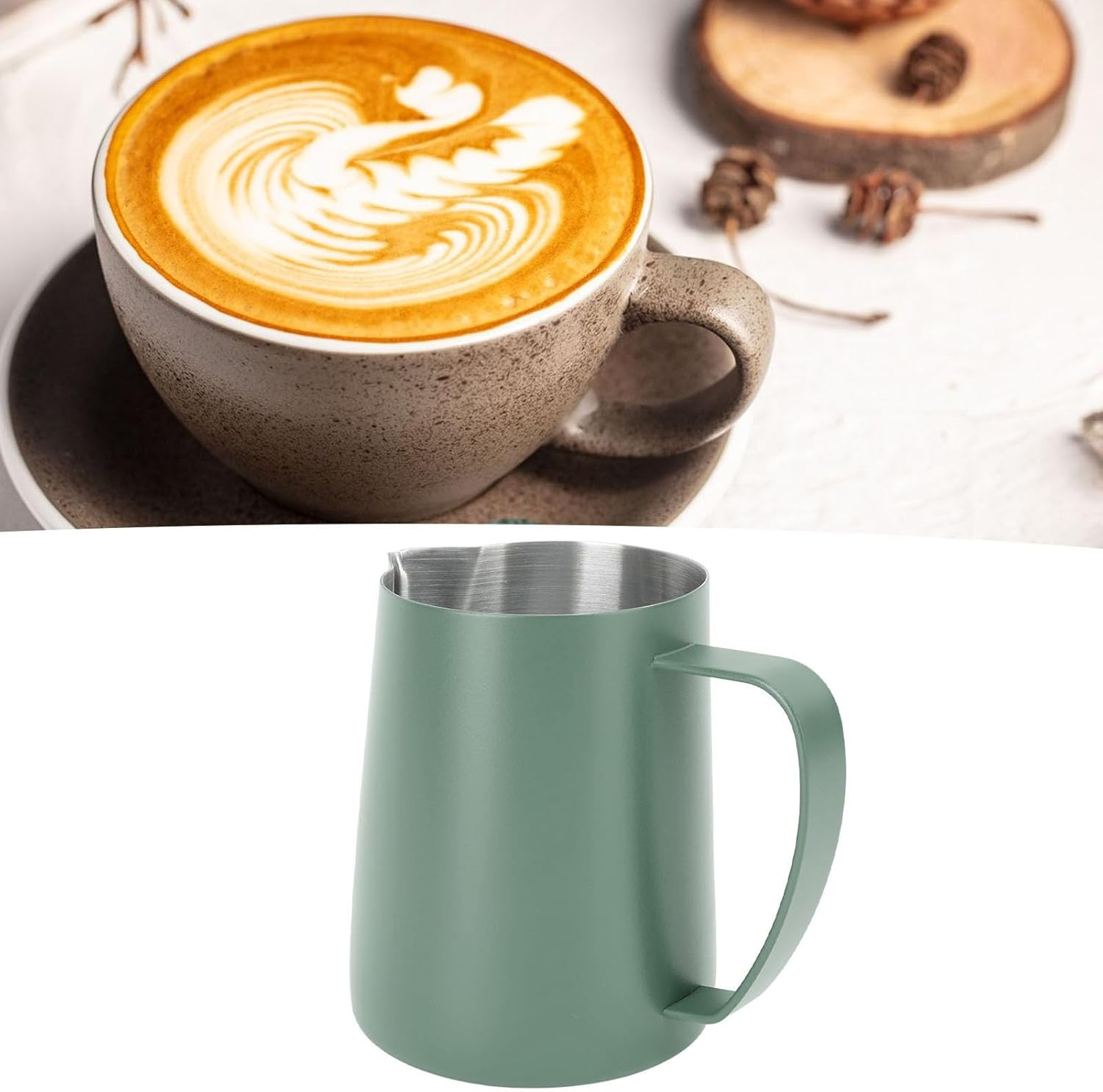 FLEXMAN 480Ml Milk Frothing Pitcher, Stainless Steel Multipurpose Pour over Coffee Maker, Metal Milk Frother Cup with Inner Scale for Making Latte Coffee, Milk Bubbles, Milk Tea (Dark Green) - Dark Green image number 6