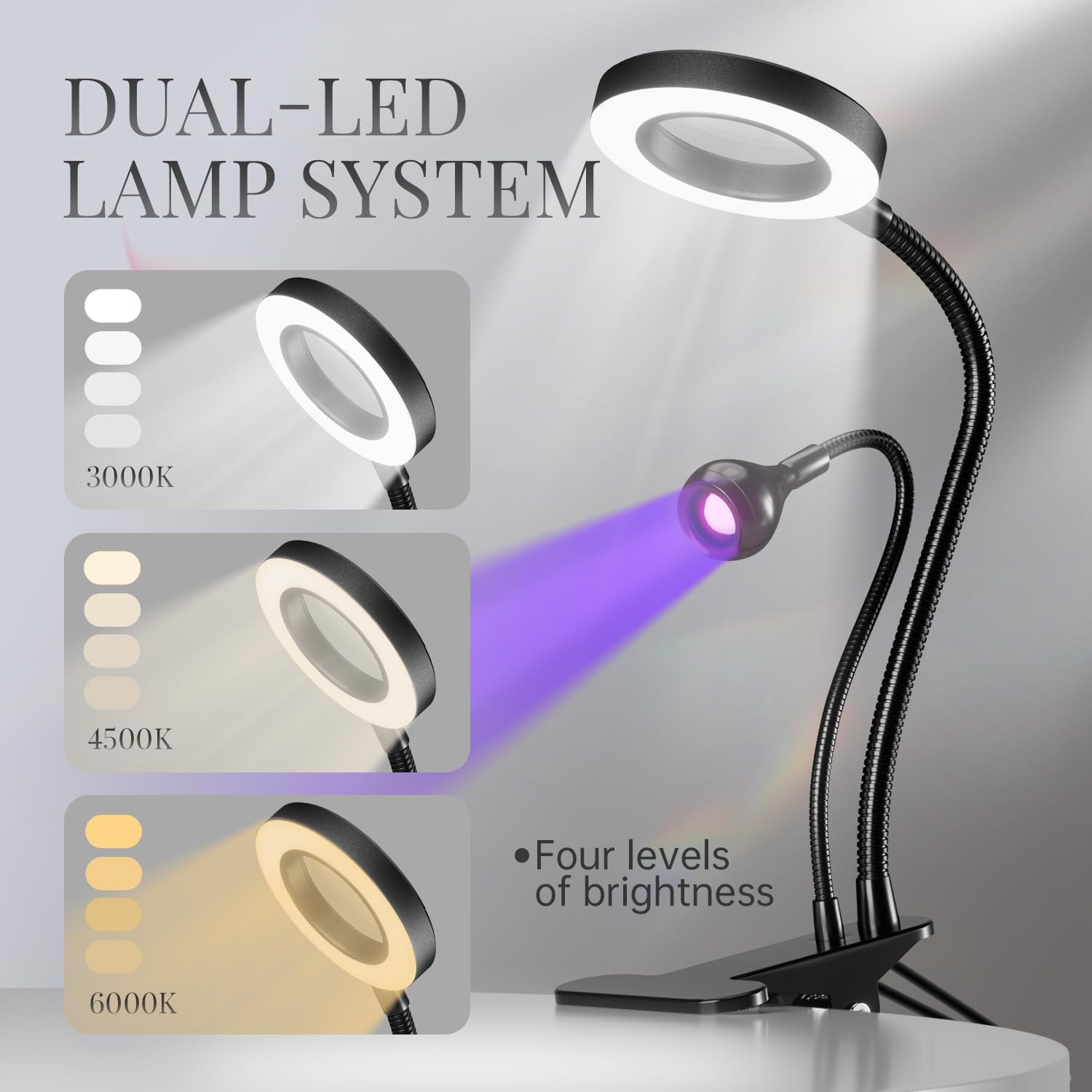 Krofaue U V Nail Lamp for Gel X - Flash Cure Lamp Dual-Light Gel X U V Light with 6&times; Magnifier 4-Levels Brightness Nail Dryer for Regular Polish, Desk Clip Salon-Perfect Manicures at Home Black image number 4