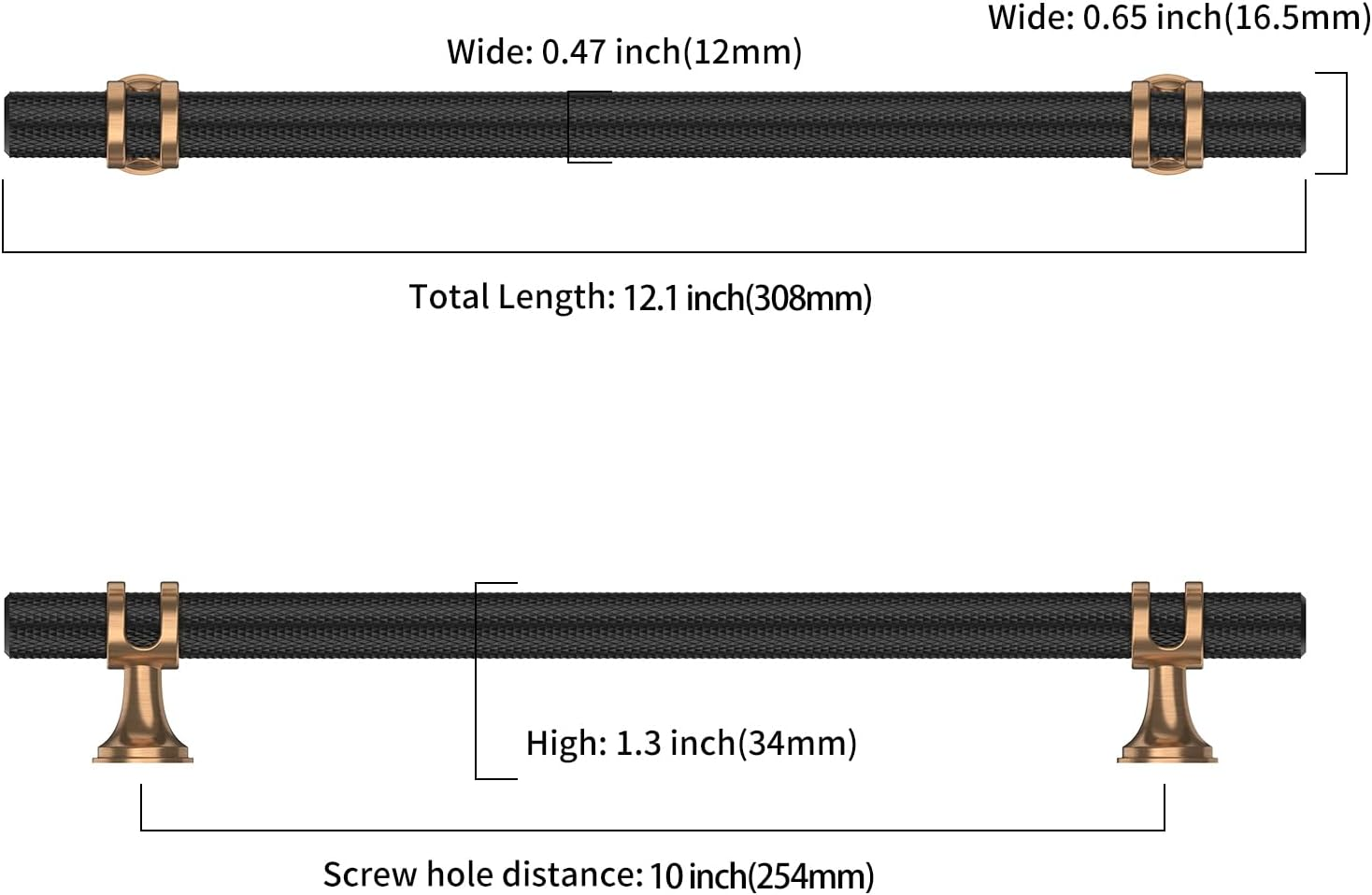 Asidrama 6 Pack 10 Inch(254Mm) Knurled Matte Black and Champagne Bronze Kitchen Cabinet Handles, Cabinet Pulls Kitchen Cabinet Hardware Cupboard Handles Drawer Pulls image number 6