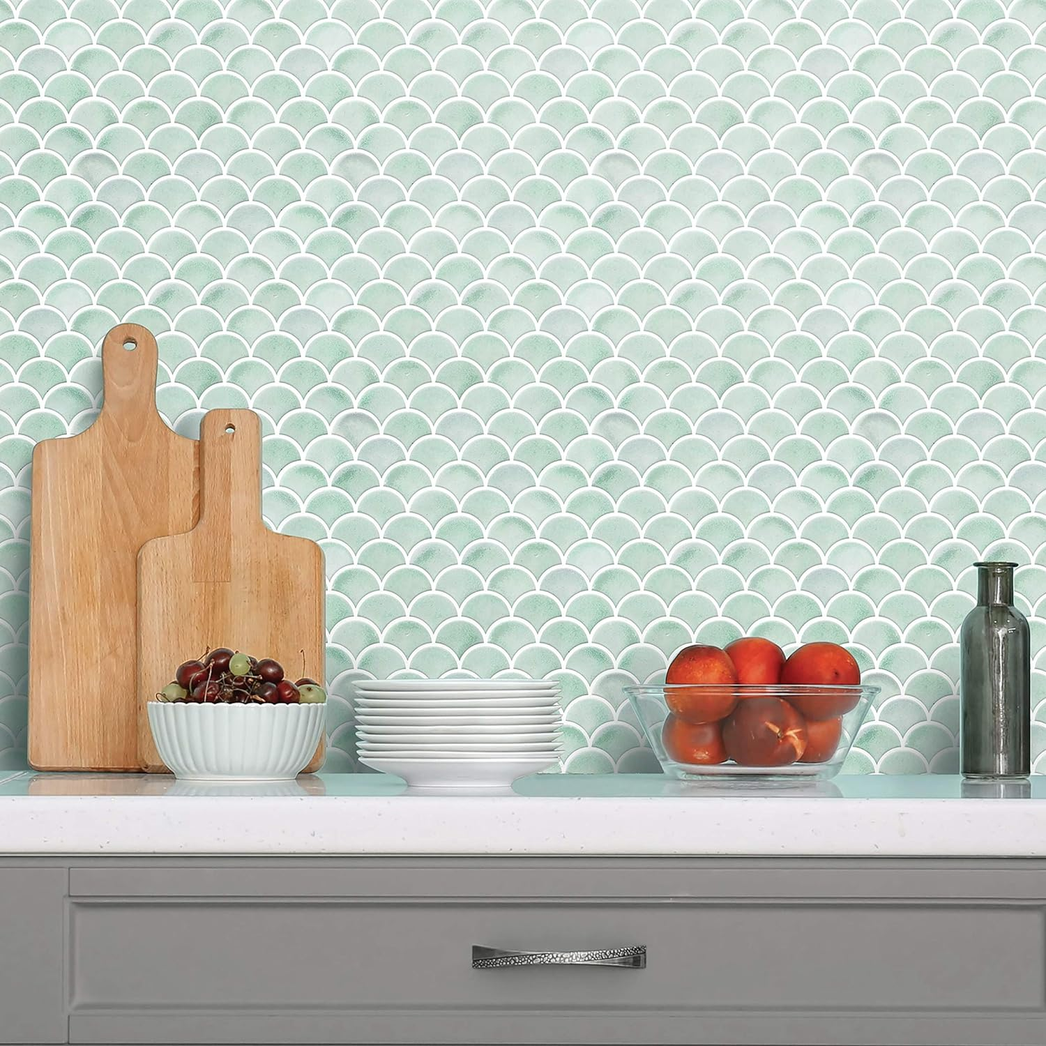 Roommates TIL4571FLT Sticktiles Aqua Scallop Peel and Stick Tile Backsplash image number 6