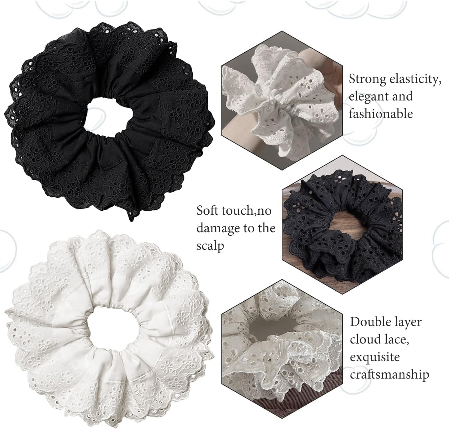 Large Lace Hair Scrunchies, 2Pcs White Lace Scrunchies Large Hair Scrunchies, Lace Double Layer Fancy Satin Hair Scrunchies image number 3
