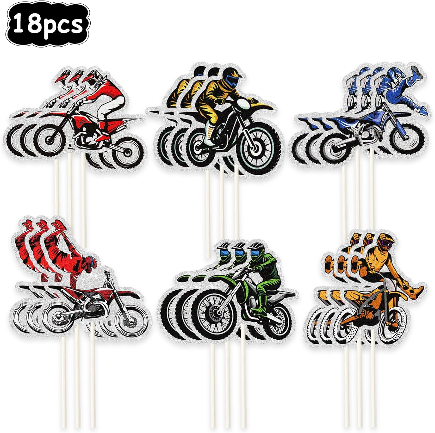 18Pcs Dirt Bike Cupcake Toppers,Motocross Motorcycle Racing Car Cupcake Picks, Extreme Sports Racing Themed Birthday Party Decorations image number 1