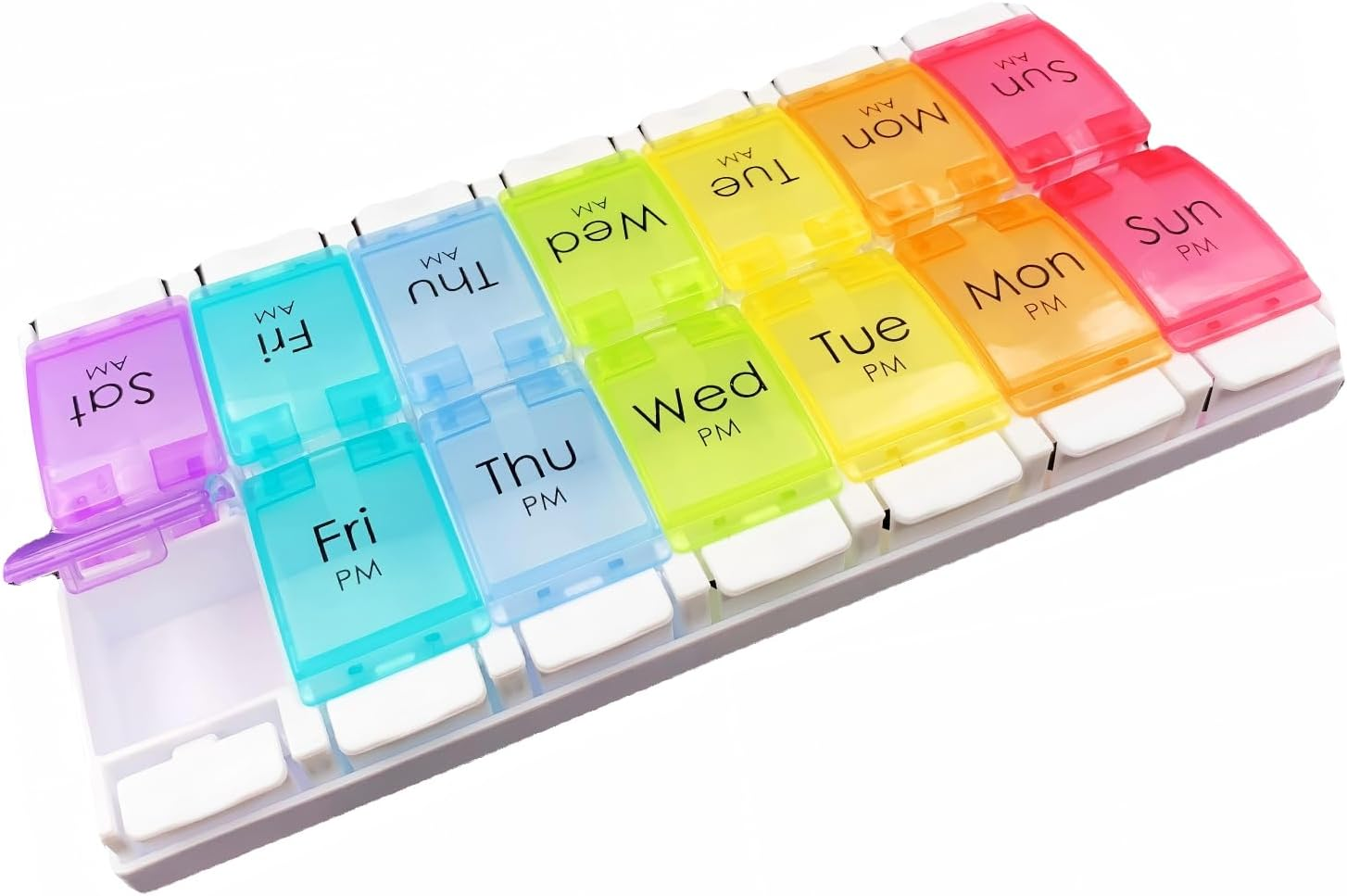 Push Button Pill Organizer 2 Times a Day, AM PM Pill Box 7 Day, 14 Compartments Pill Dispenser, Transparent Large Weekly Pill Container (Black and White)