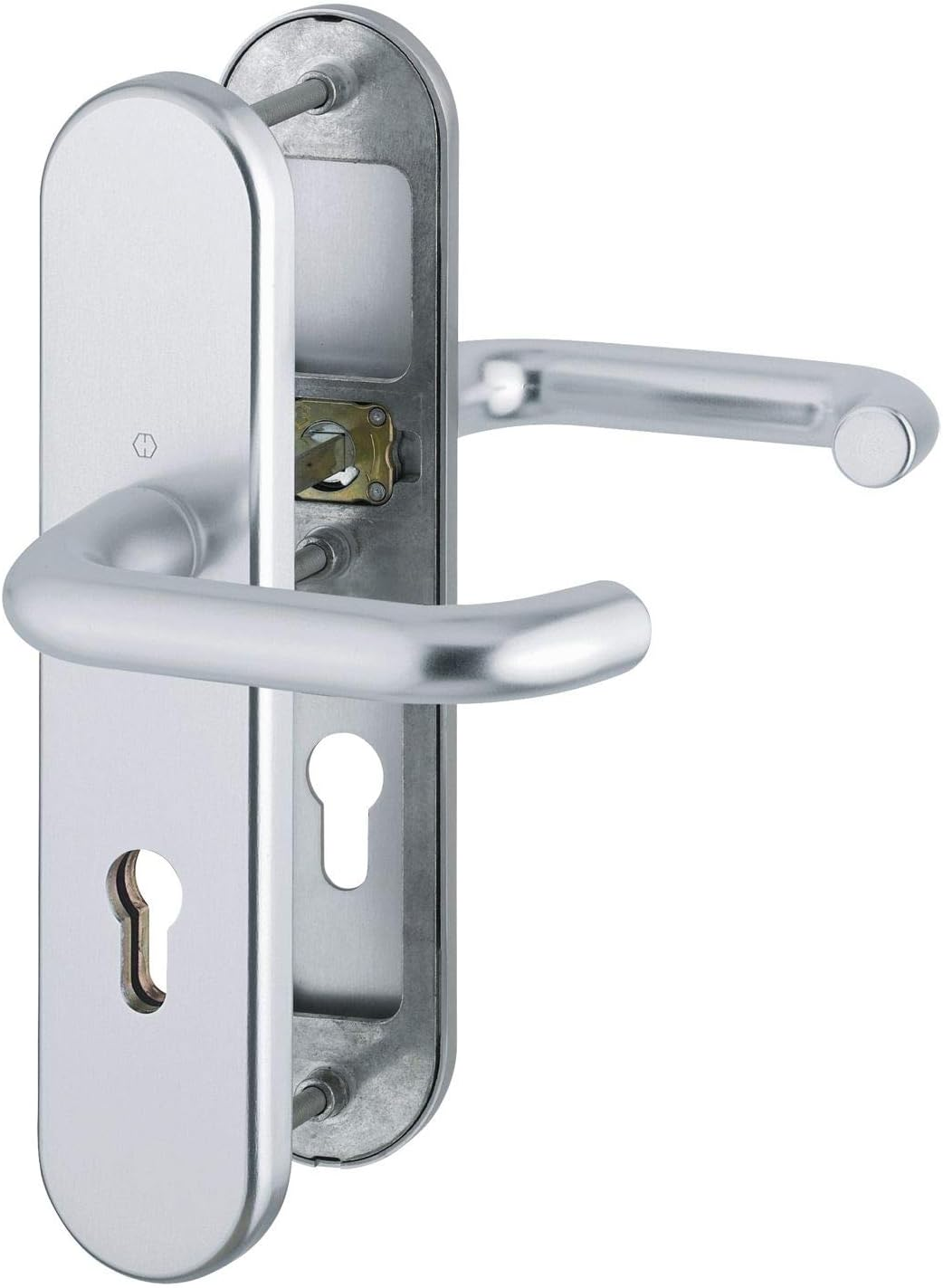 HOPPE Paris Front Door Handle Set DIN Standard Distance 92 Mm Silver Anodised Long Plate Profile Cylinder for Door Thickness 77-82 Mm without Core Pull Protection Test: RC2 According to EN 1906, 1 image number 3
