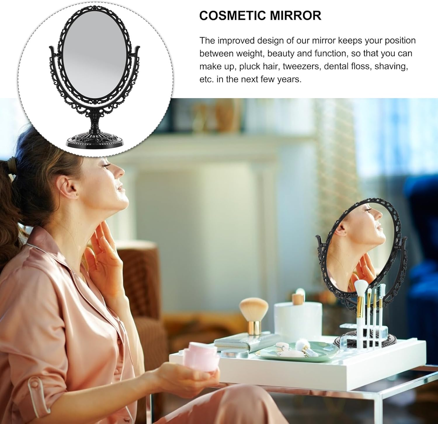 ULTECHNOVO Vintage Black Oval Double-Sided Makeup Mirror Swivel Base, Large Retro Metal Cosmetic Mirror for Vanity Desk and Dressing Table Use