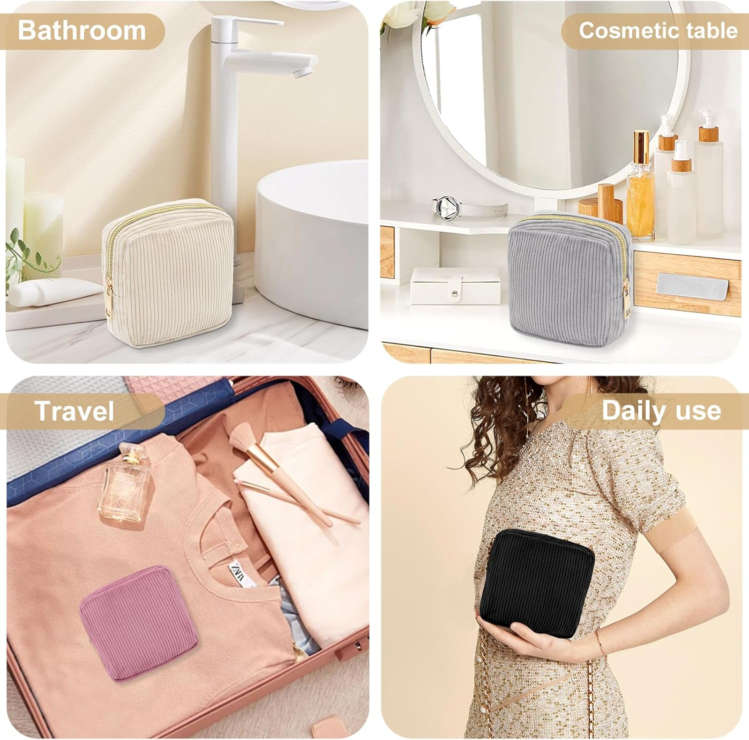 Long Keeper Small Cosmetic Bag for Women Mini Make up Bag for Handbag Solid Colour Cord Makeup Bag with Compartments Travel Makeup Bag for Women, Pure Grey, Portable Cosmetic Bag image number 3