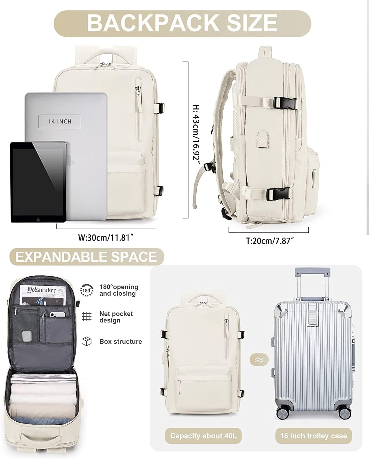 Large Travel Backpack Women, Carry on Backpack,Hiking Backpack Waterproof Outdoor Sports Rucksack Casual Daypack Fit 14 Inch Laptop with USB Charging Port Shoes Compartment