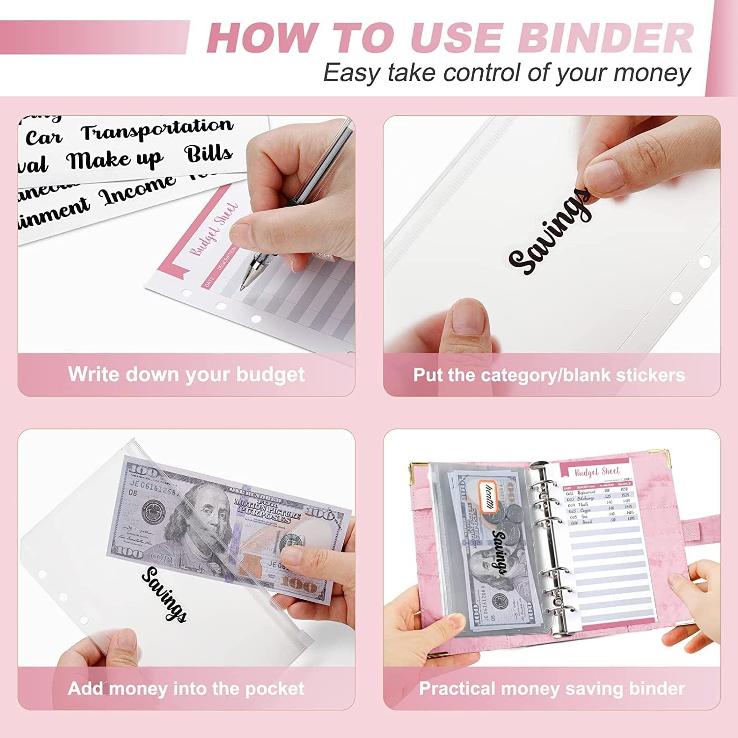 Budget Binder, Cash Envelopes for Budgeting, Money Organizer for Cash, 12Pcs Budget Binder with Cash Envelopes, Marble 6-Ring Money Saving Binder(Pink)