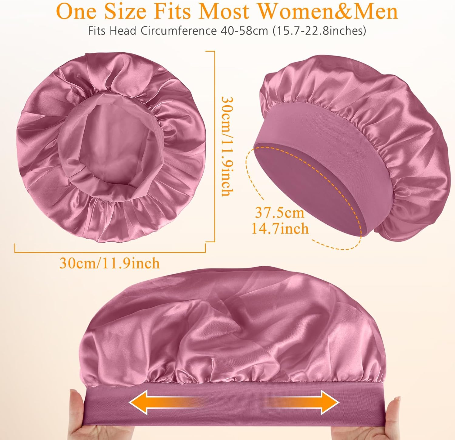 Silk Hair Bonnet Sleeping Bonnet Hair Wrap Wide Elastic Band Satin Cap for Women Men Elastic Soft Cap Headwear - Pink image number 5