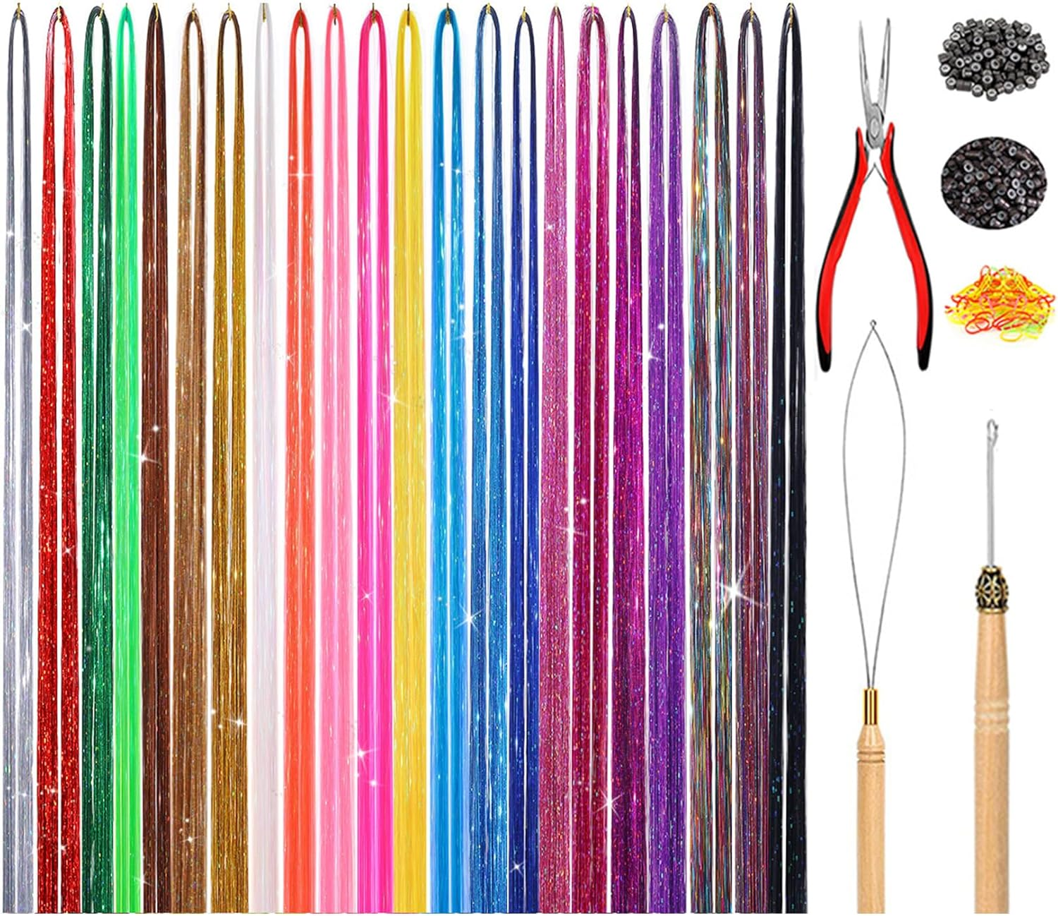 22 Colors Hair Tinsel Kit with Tools, 36 Inches 3700 Strands Tinsel Hair Extensions, Fairy Hair Tinsel for Christmas Halloween Cosplay Party, Grow the Most Dazzling Hair of the Crowd image number 4