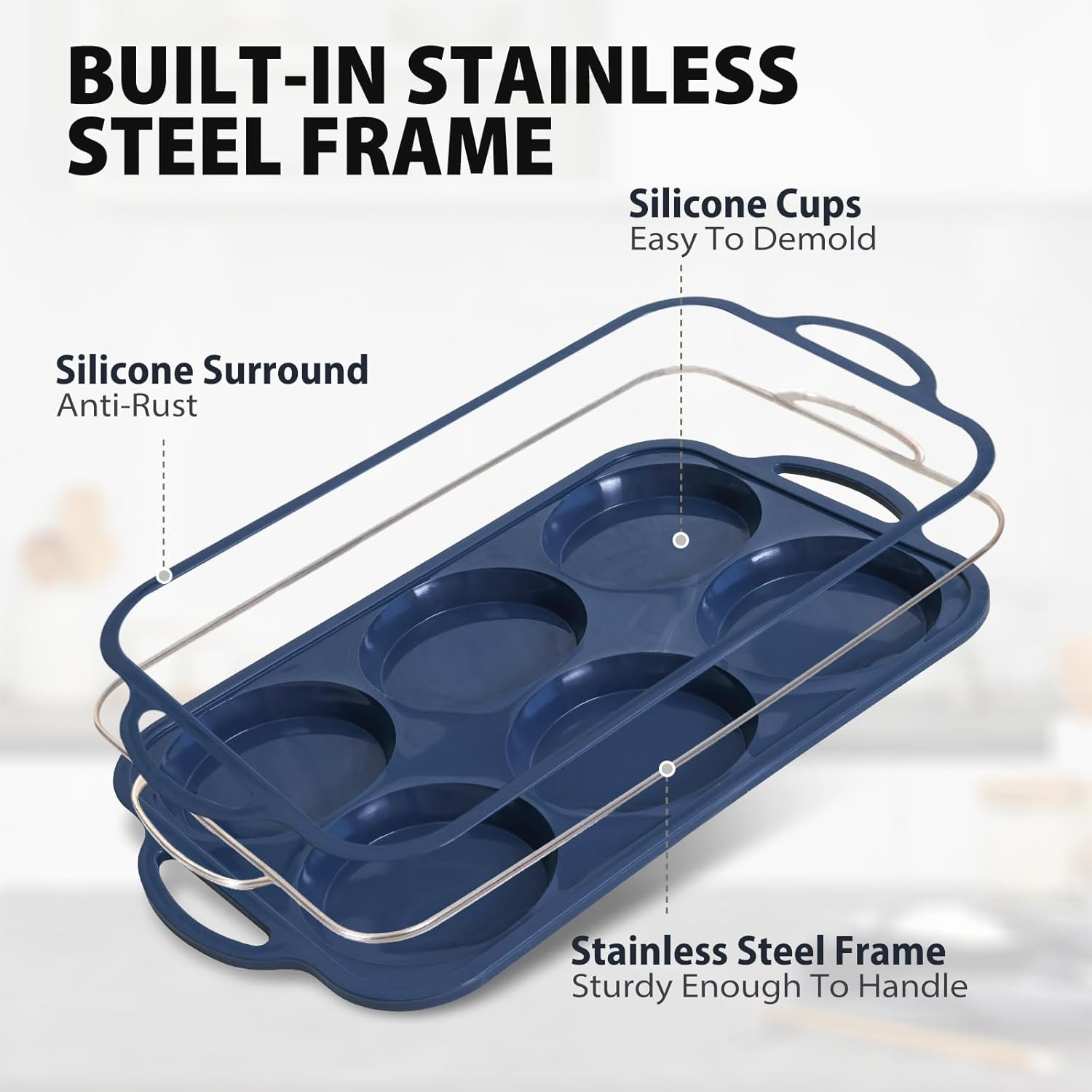 4 Inch Jumbo Silicone Muffin Top Pan with Metal Frame, Non Stick Silicone Egg Mold for Oven, Large Whoopie Pie Baking Pan for English Breakfast Sandwich, Egg Bite by Folksy Super Kitchen, Grey image number 6