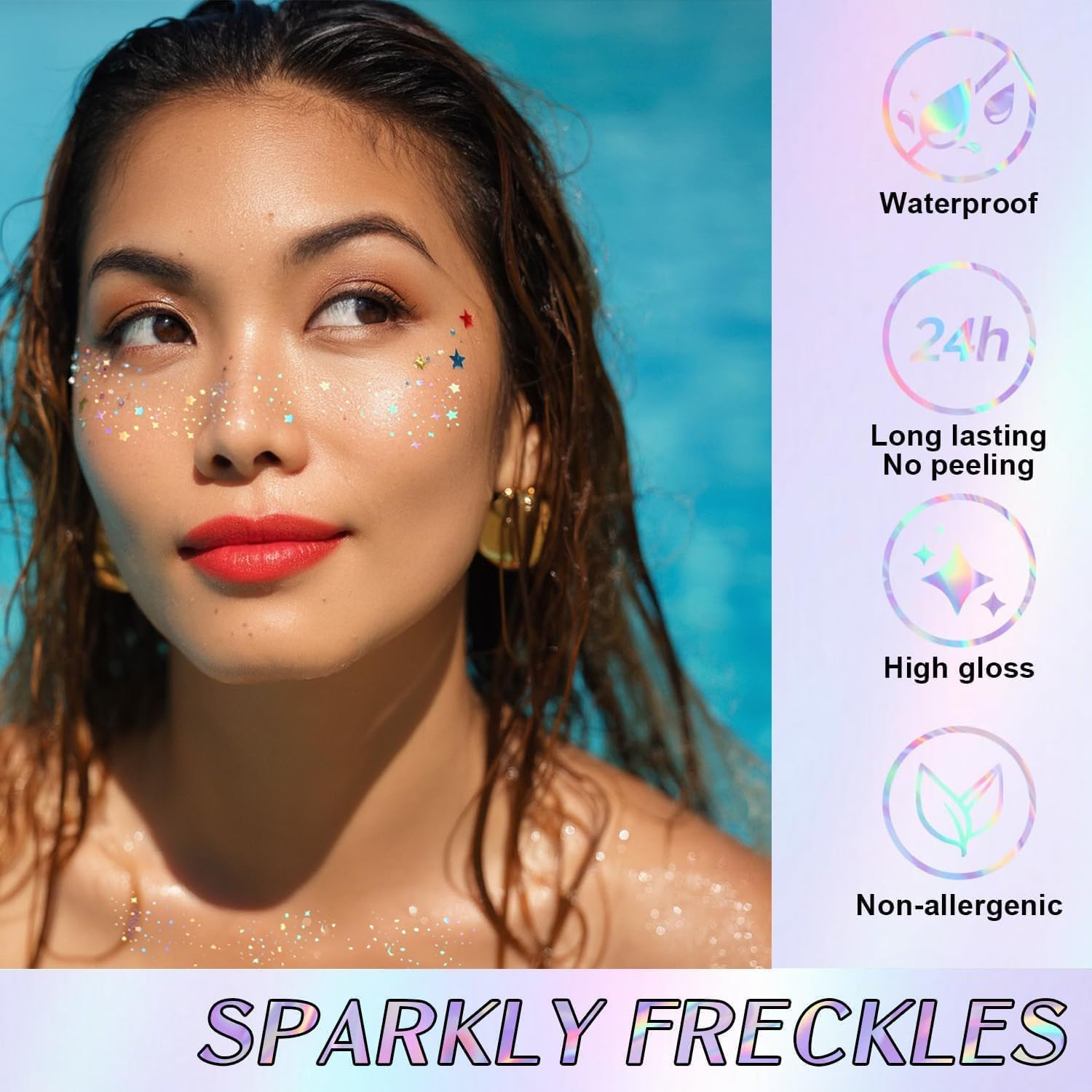 WANXTY Glitter Freckles, Holographic Face and Body Glitter Tattoo Sparkle for Women Gold Glow Cosmetic Star Makeup Accessories for Festival Rave (Holographic) (Blue) image number 4