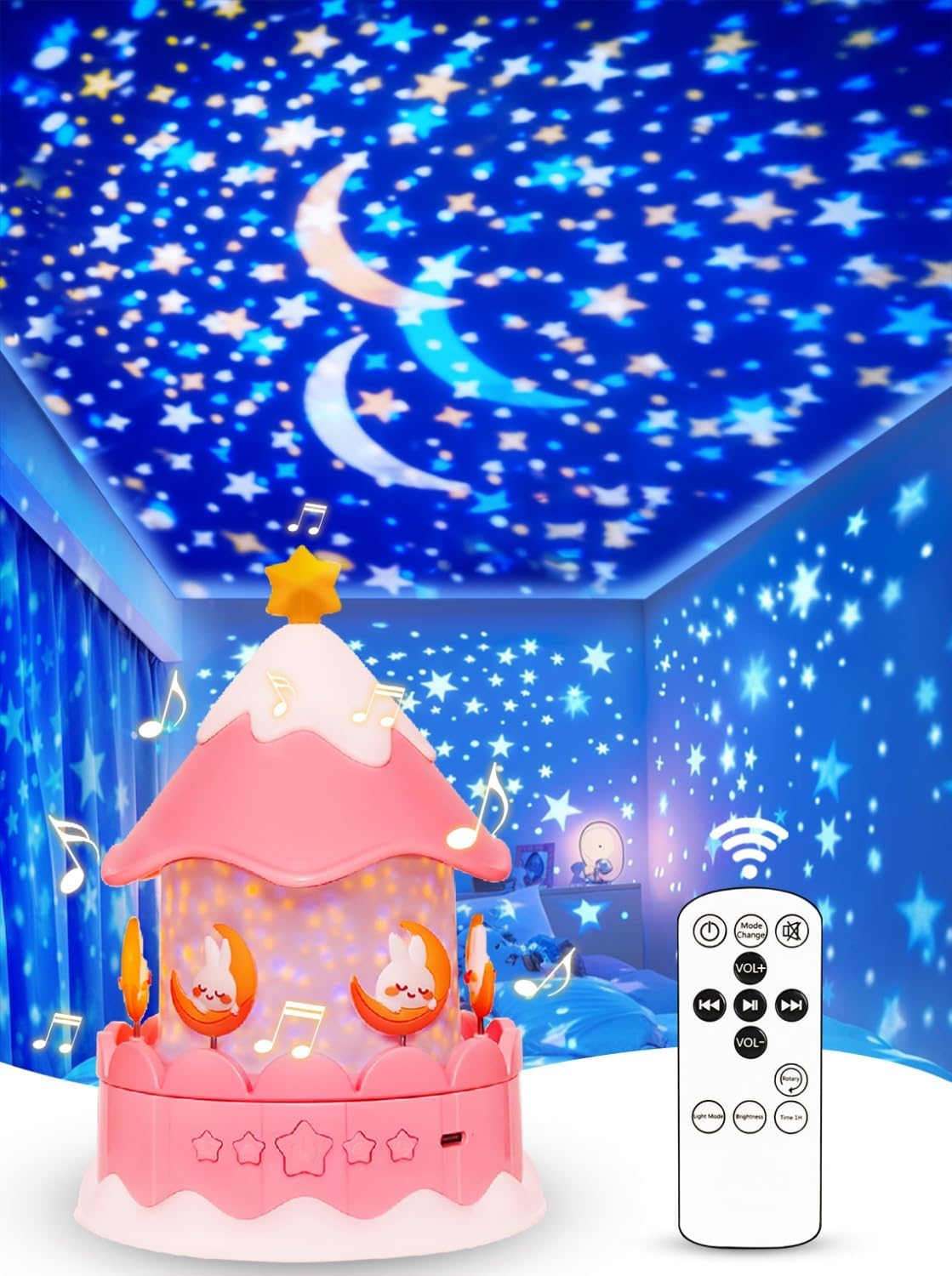 21 Sets of Films + 13 Soothing Music Sound, Projector Night Light for Kids, Kids Night Light Projector for Bedroom, Ceiling, Remote Music Star Projector for Girls with Timer 360&deg; Rotation, Room Decor image number 2