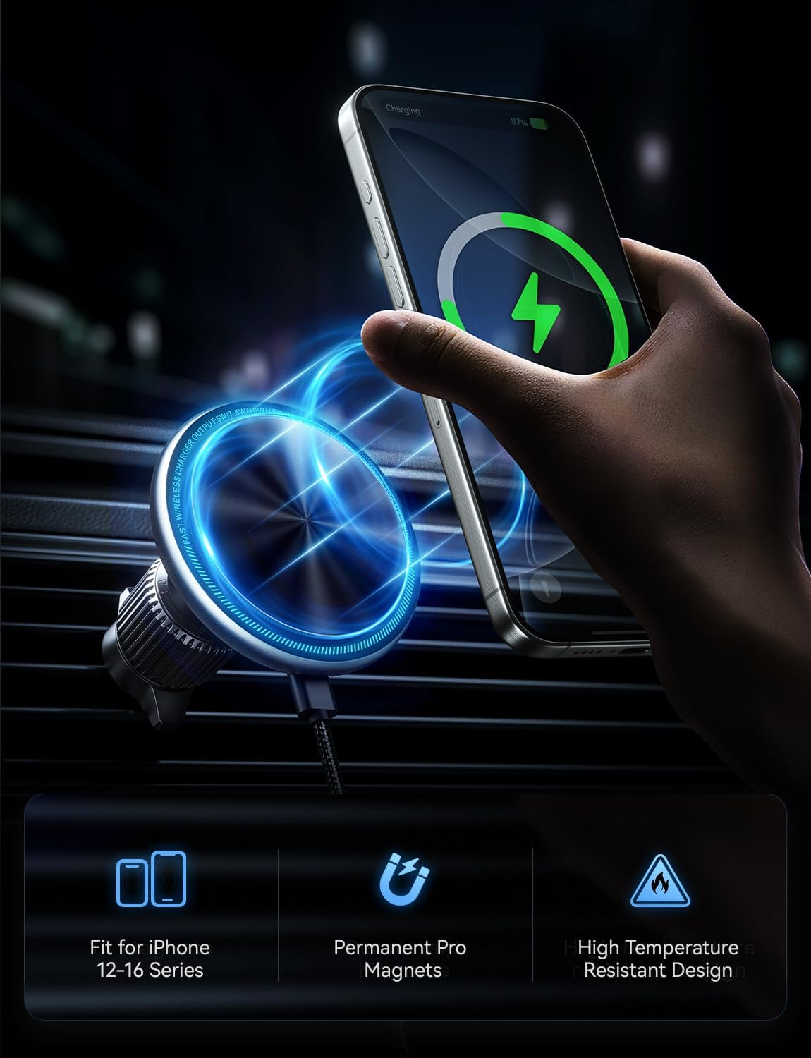 UPTOHIGH for Magsafe Car Mount Charger 15W Fast Charging Wireless Car Charger with Strong Magnetic Adjustable Air Vent Phone Holder Compatible with Iphone 14 13 12 Pro Max Mini plus LED Light(Black) image number 4