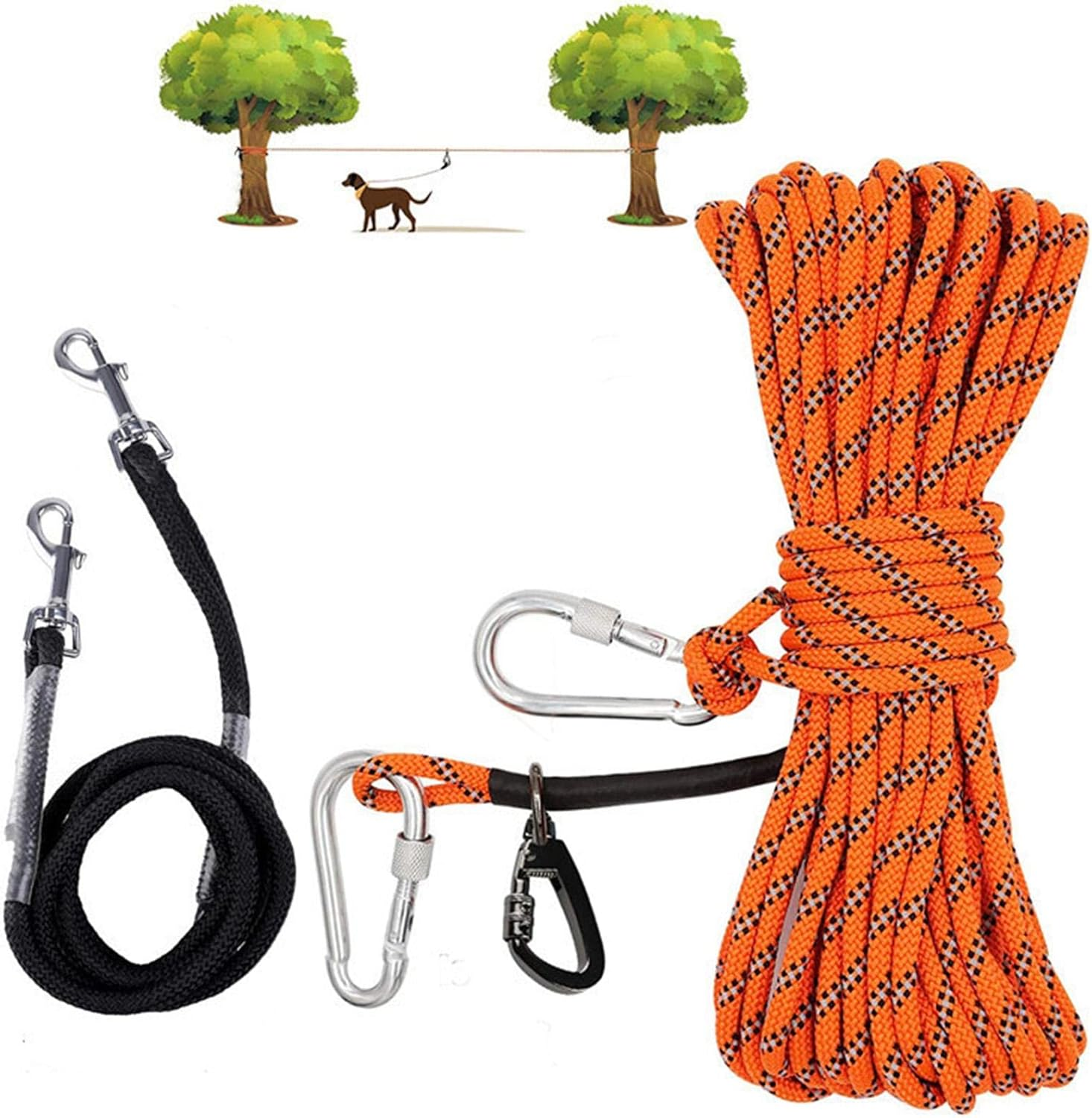 JISADER 50Ft Dog Trolley Runner Cable Carabiners Pulley Smooth Sliding Tether Ropes Outdoor Activities Gardens Camping image number 1