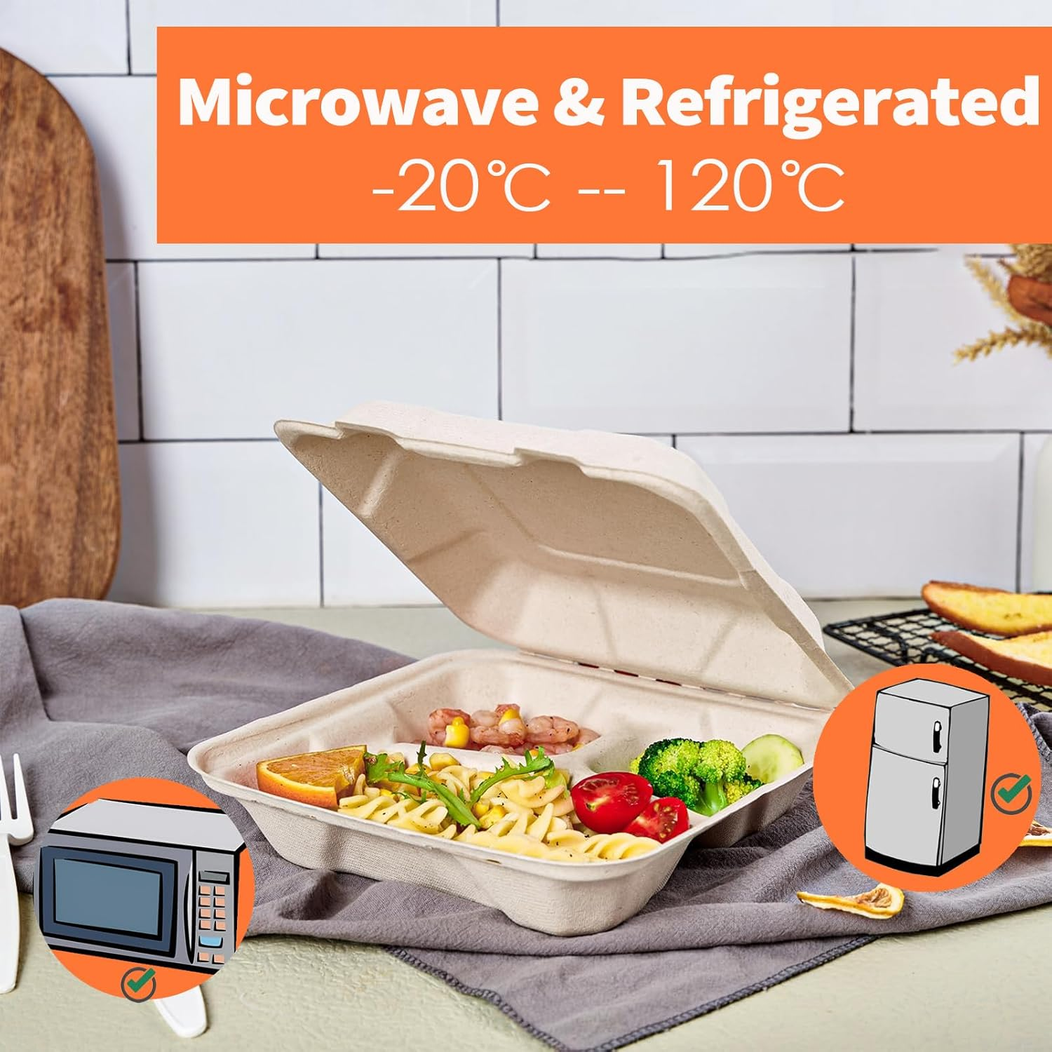 100% Compostable Take Out Food Containers, Disposable Flip-Top Box - 50Pack 8X8" 3-Compartment Heavy-Duty Lunch Box with Lid, Eco-Friendly Biodegradable Paper Fiber to Go Containers for Food image number 5