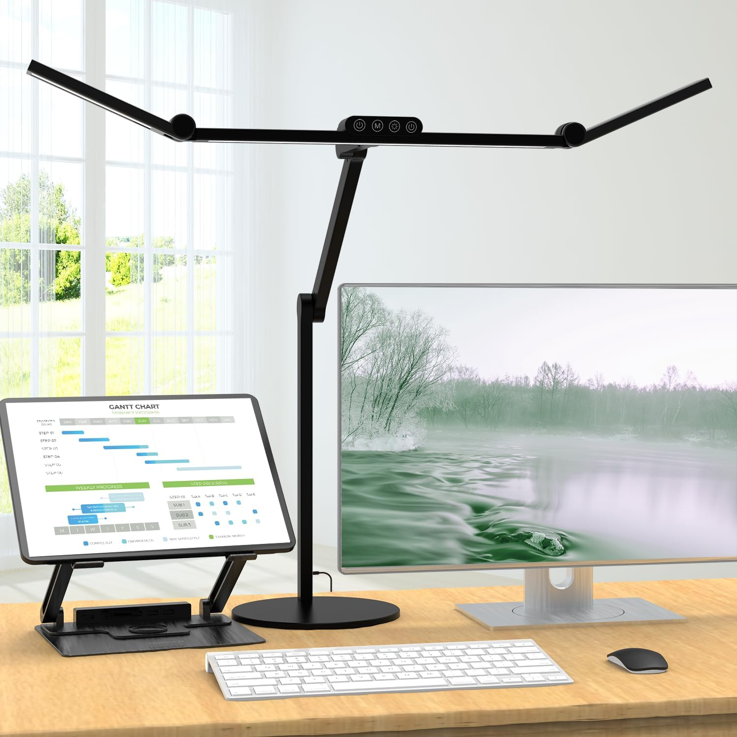 24W LED Desk Lamp with Metal Base, 1500LM Powerful 3-Head Lamp for PC Screen, 72 Cm Architect Light with Flexible Arm, Touch Control image number 3
