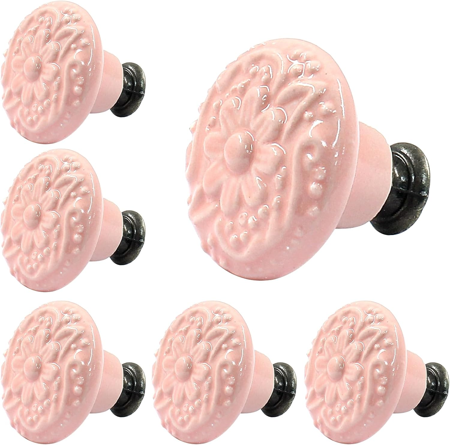 Piutouyar Ceramic Kitchen Cabinet Knobs, Pink, 10Pcs, 1.3Inch Diameter, Retro Style image number 5