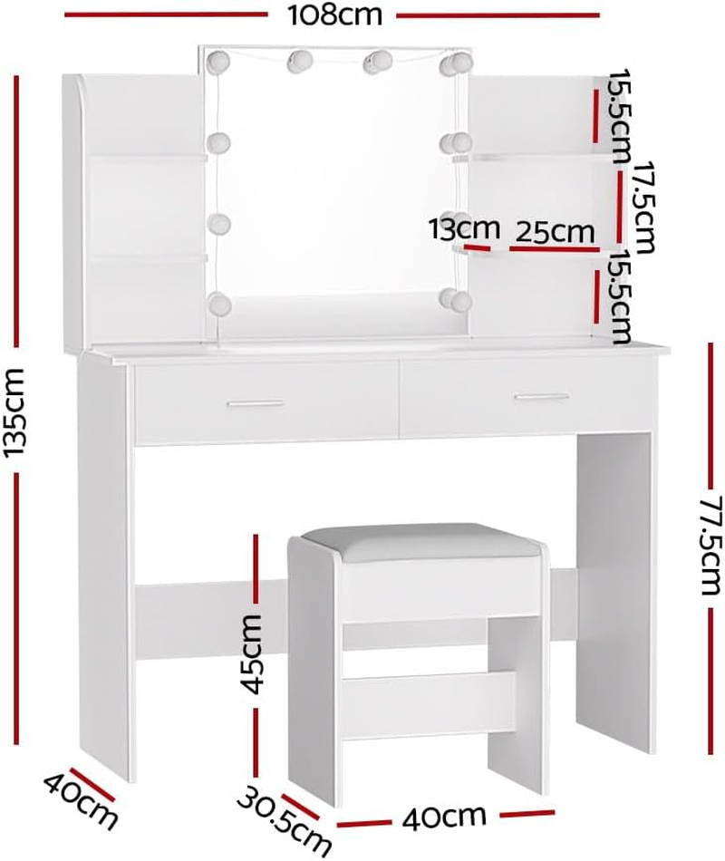 Artiss Dressing Table, Dressing Table with Mirror Lights 10 Bulbs LED Mirror Makeup Stool Set Wooden Vanity Desk Chair, Home Bedroom Furniture Girls Women Organisers, Drawers Shelves Tabletop White image number 3