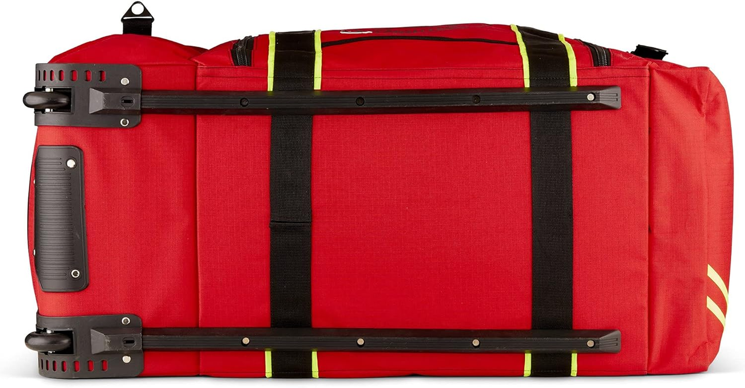 Line2Design Wheeled Firefighter Jumbo Turnout Gear Bag with Reflective Trim, Front Pocket and Maltese Cross Logo - Red