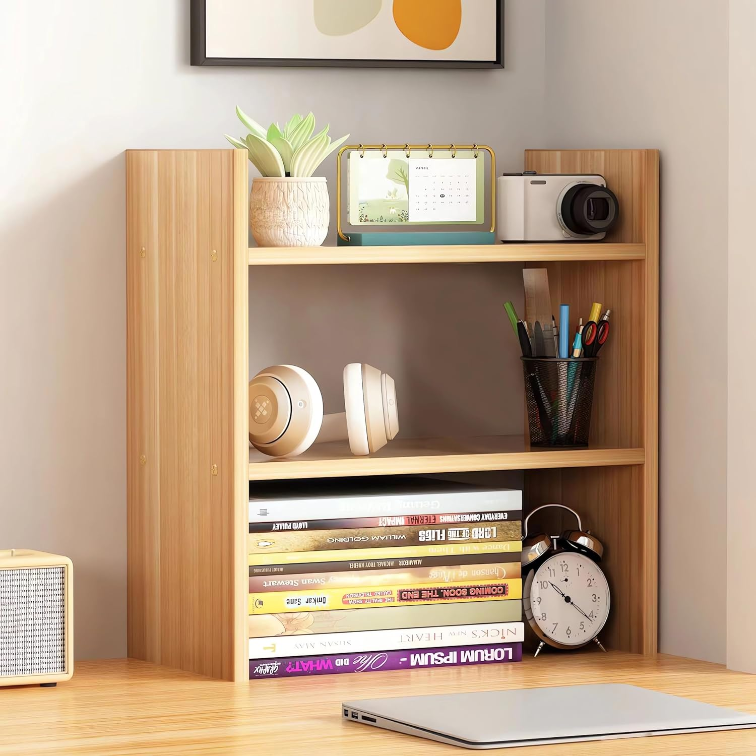 Desktop Bookshelf, 2-Tier Storage Rack, 42 X 40 X 15 Cm, Wood Bookcase A219 (Wood)