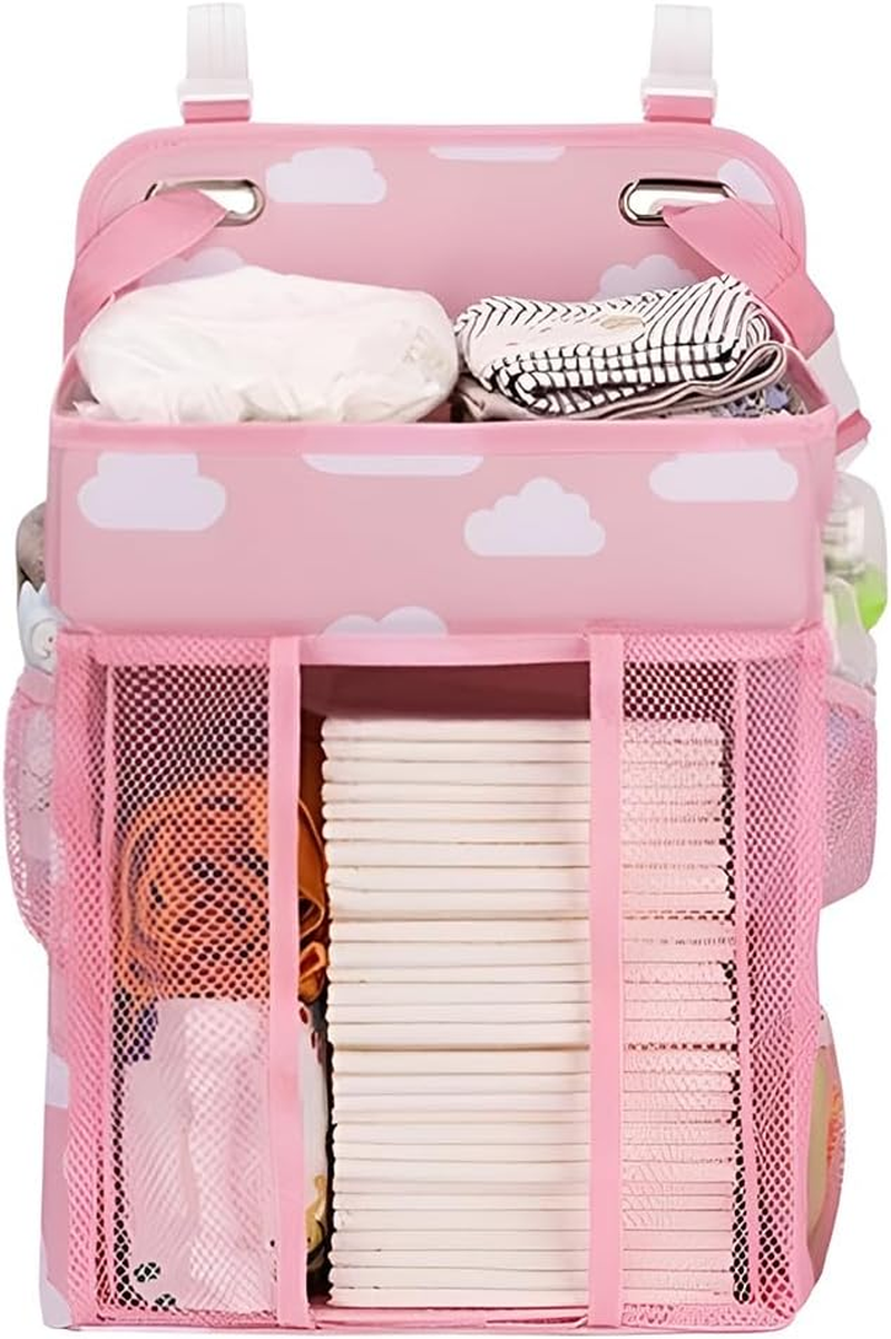TOMVAES Hanging Nappy Organiser, Changing Table Caddy for Cot, Playard, Nursery with Mesh Pockets (Pink) image number 6