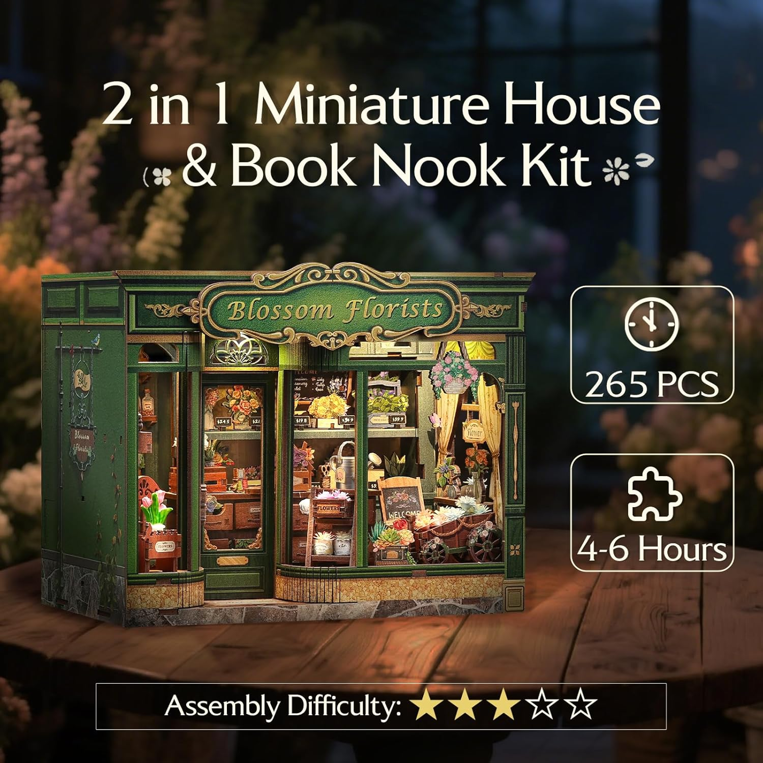 CUTEBEE Book Nook Kit - DIY Miniature House Dollhouse Kit for Adults and Teens, 3D Wooden Puzzle Tiny House Bookshelf Decor with LED Light for Family, Friends (Blossom Florists) image number 3