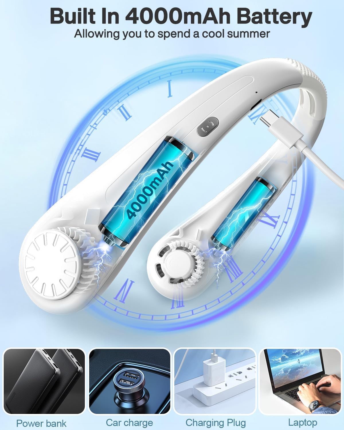 Cnkeeo Portable Neck Fan, 4000Mah Hands-Free USB Fan, Battery Operated Cool Personal Fan, 3 Speeds Headphone Design Wearable Rechargeable Mini Fan for Hot Summer Travelling, Office image number 5